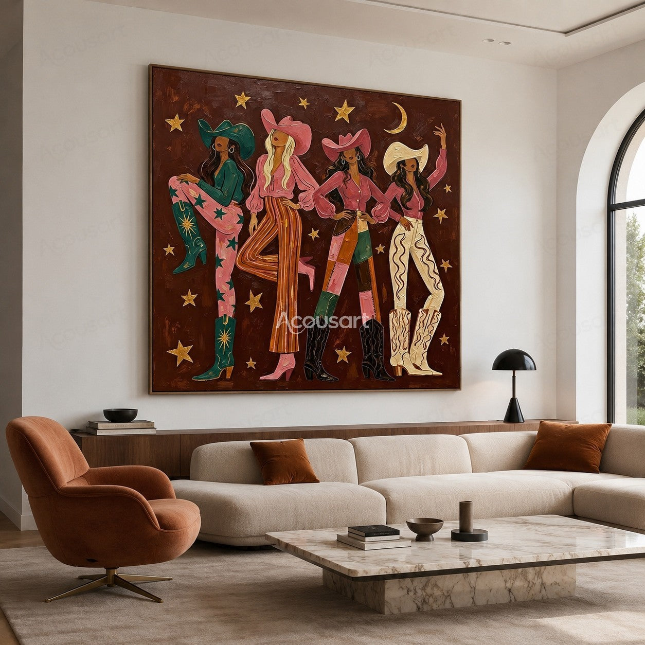 Colorful western cowgirl wall art featuring four women in cowboy hats, boots, stars, and vibrant fashion outfits