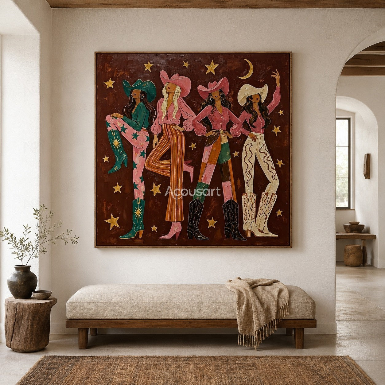 Colorful western cowgirl wall art featuring four women in cowboy hats, boots, stars, and vibrant fashion outfits