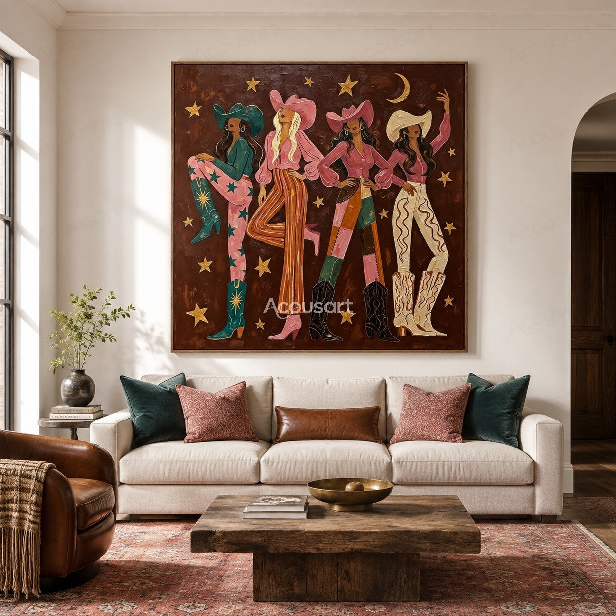 Colorful western cowgirl wall art featuring four women in cowboy hats, boots, stars, and vibrant fashion outfits