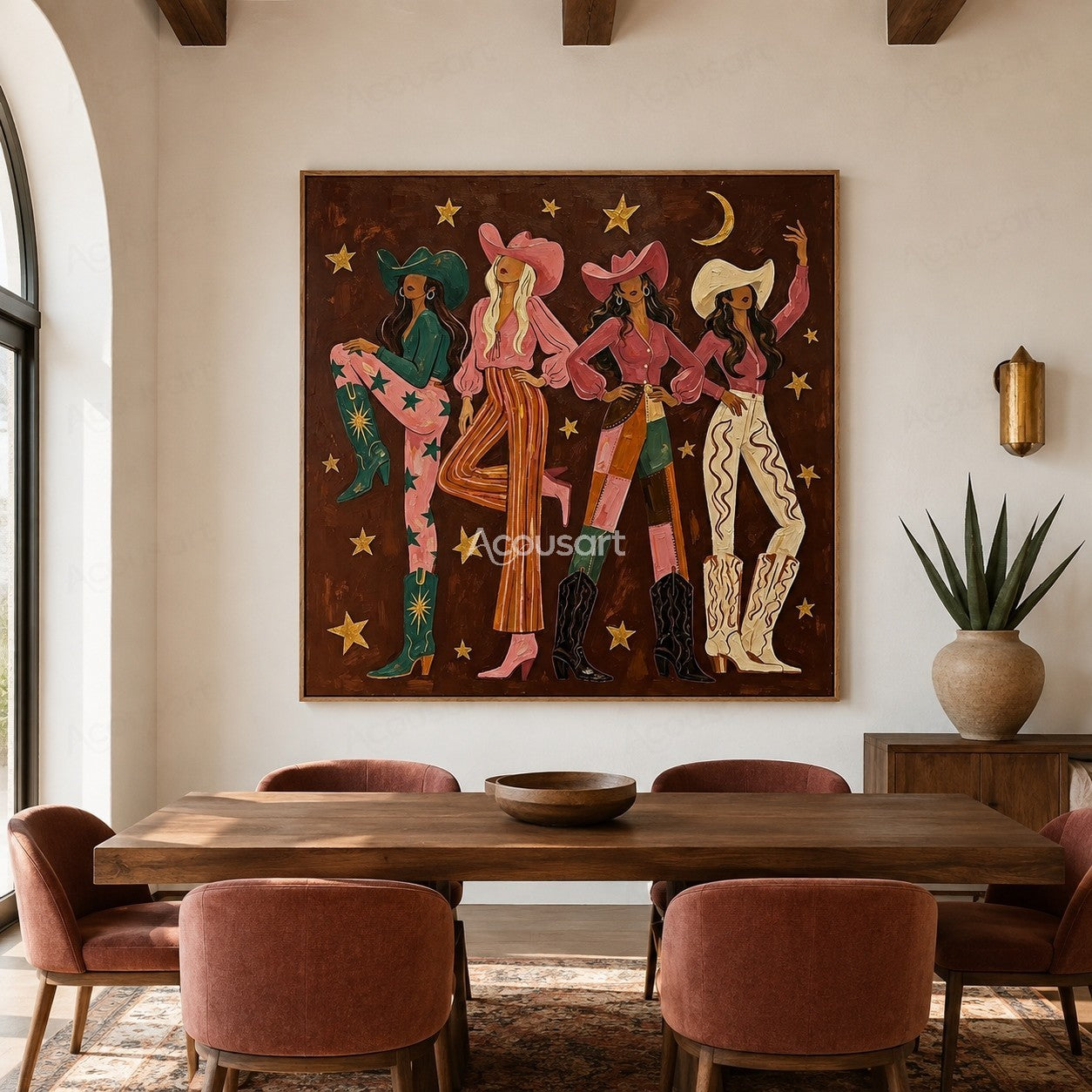 Colorful western cowgirl wall art featuring four women in cowboy hats, boots, stars, and vibrant fashion outfits