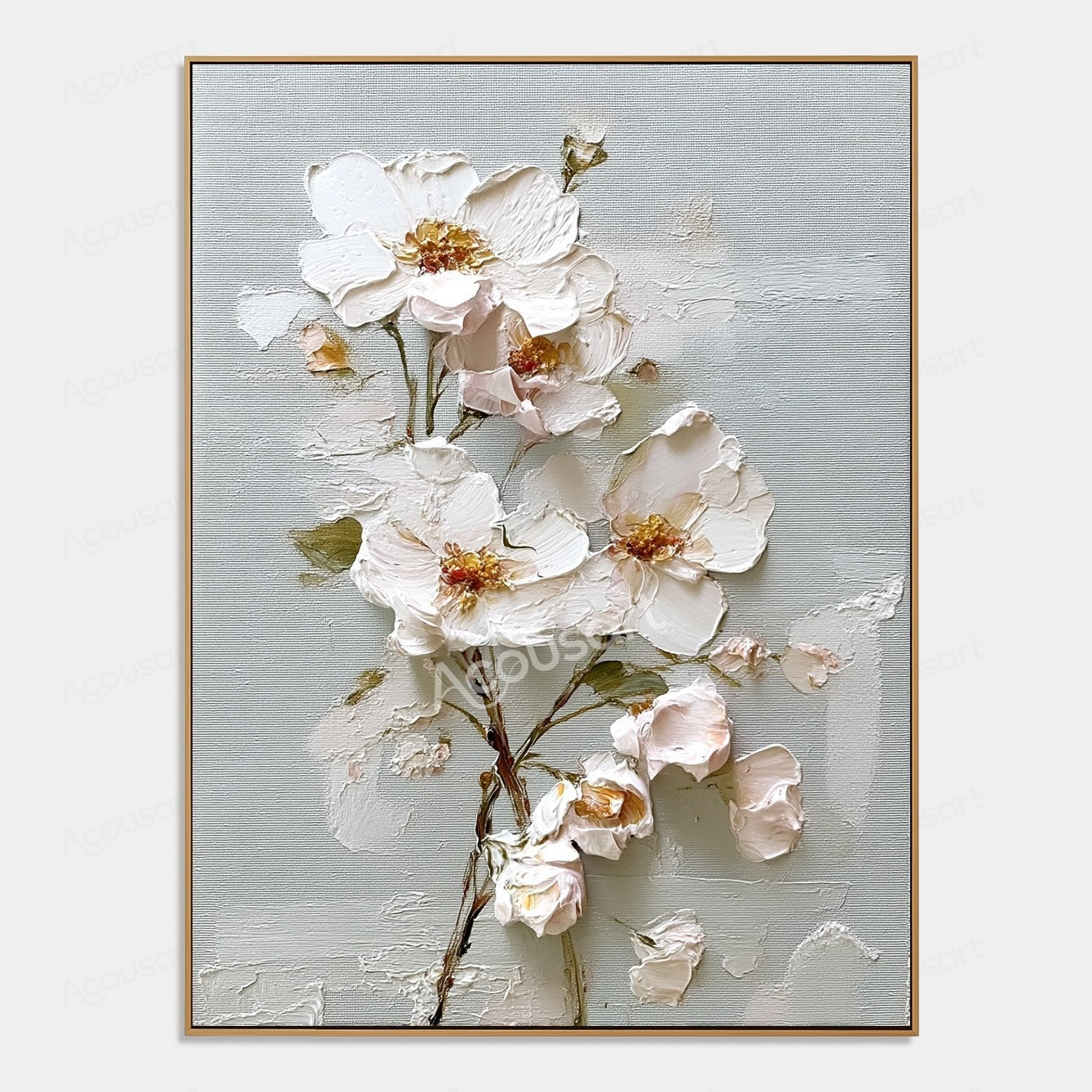 White textured floral wall art with blush flowers, gold centers, green leaves, and brown branches on a pale blue-gray background