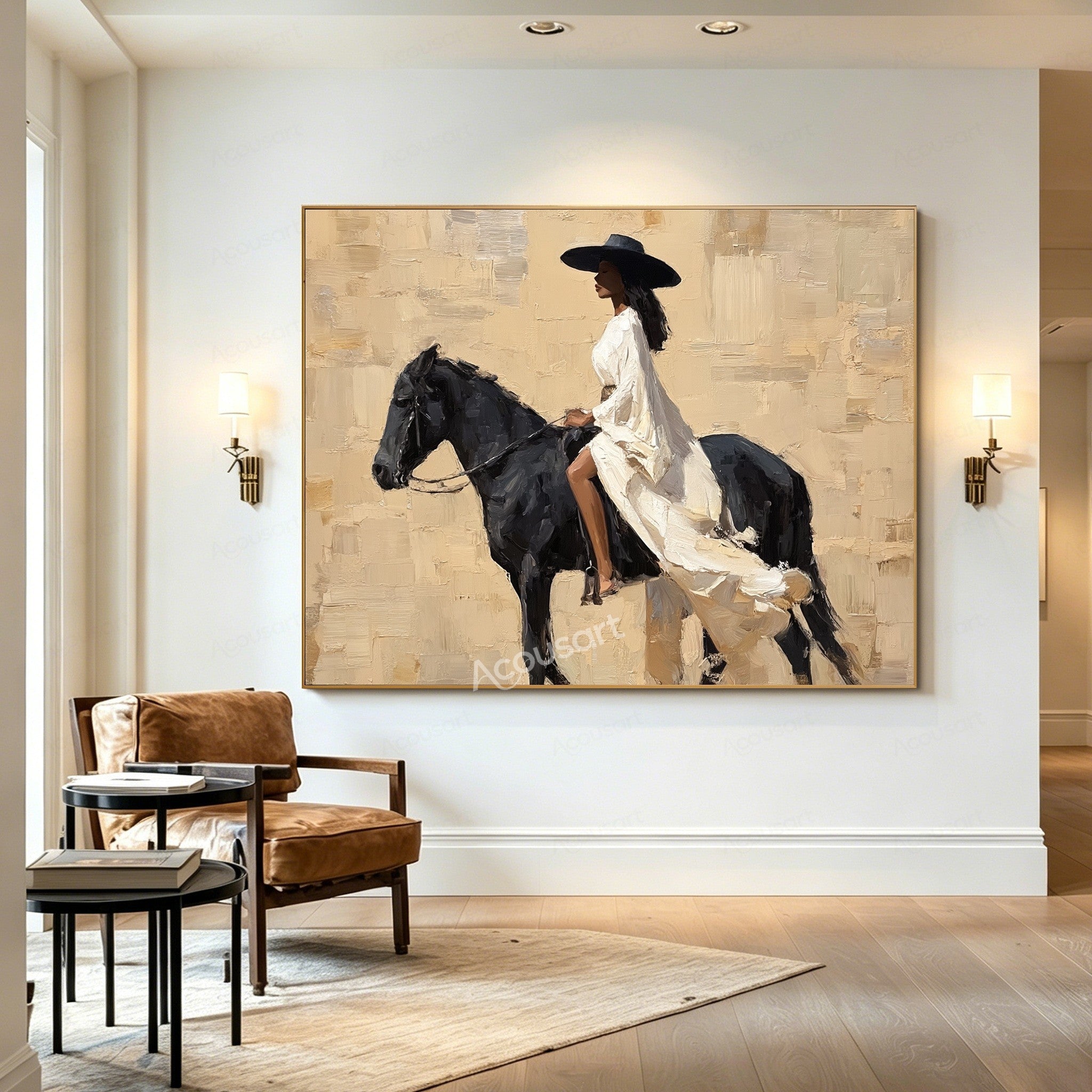 Elegant equestrian wall art featuring a woman in a flowing white dress riding a black horse against a textured beige background