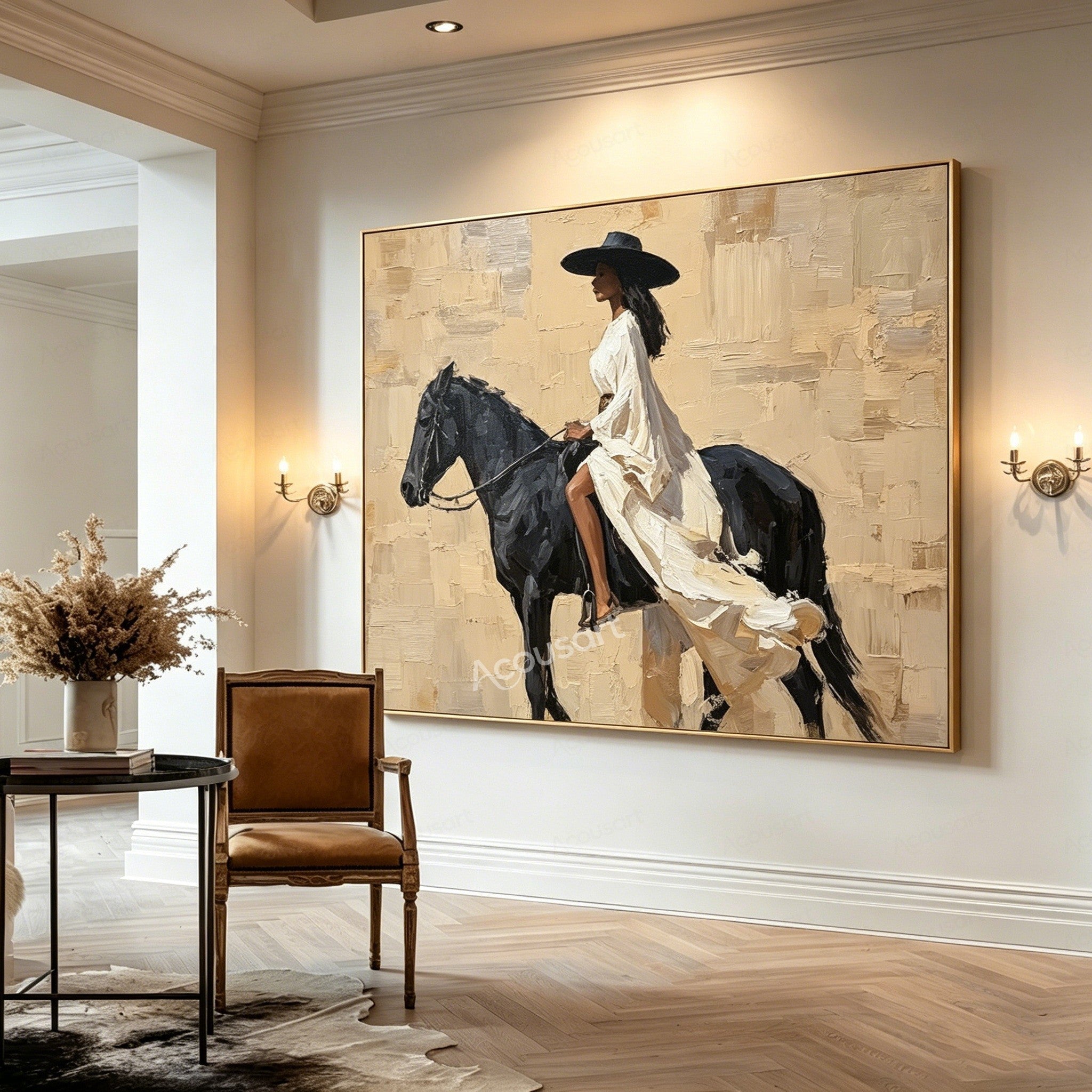 Elegant equestrian wall art featuring a woman in a flowing white dress riding a black horse against a textured beige background