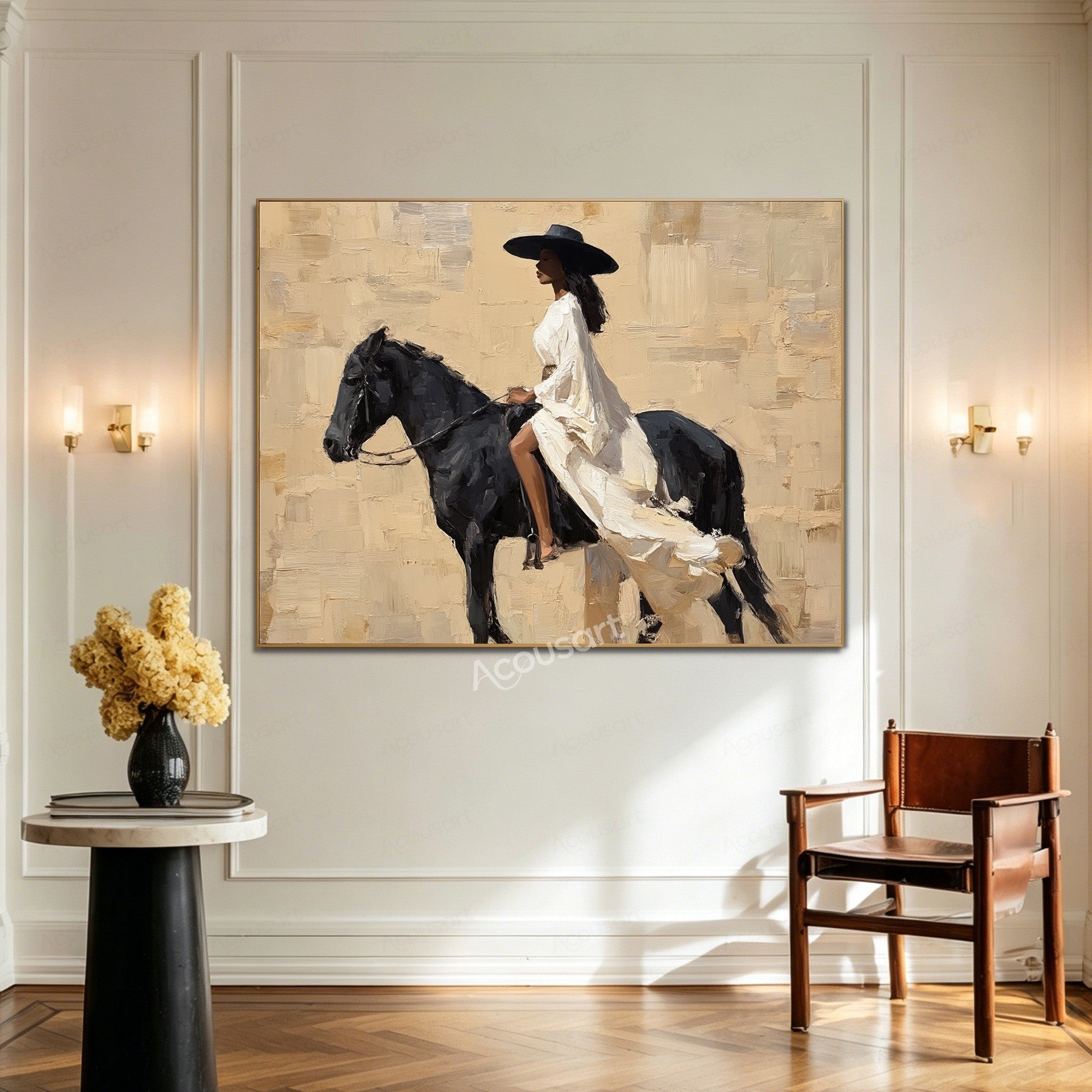 Elegant equestrian wall art featuring a woman in a flowing white dress riding a black horse against a textured beige background