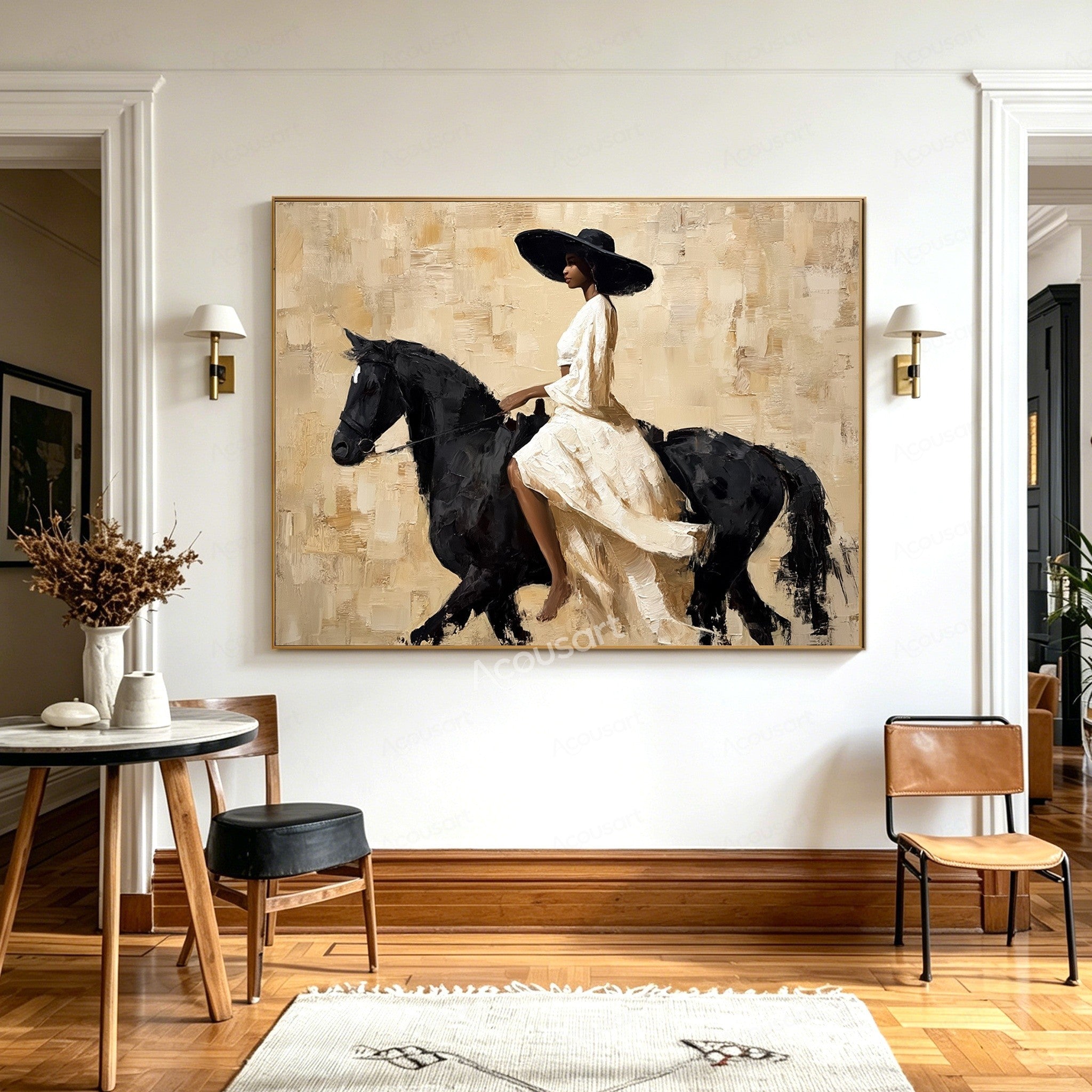 Elegant horse wall art featuring a woman in a flowing white dress and black hat riding a black horse on a textured beige background