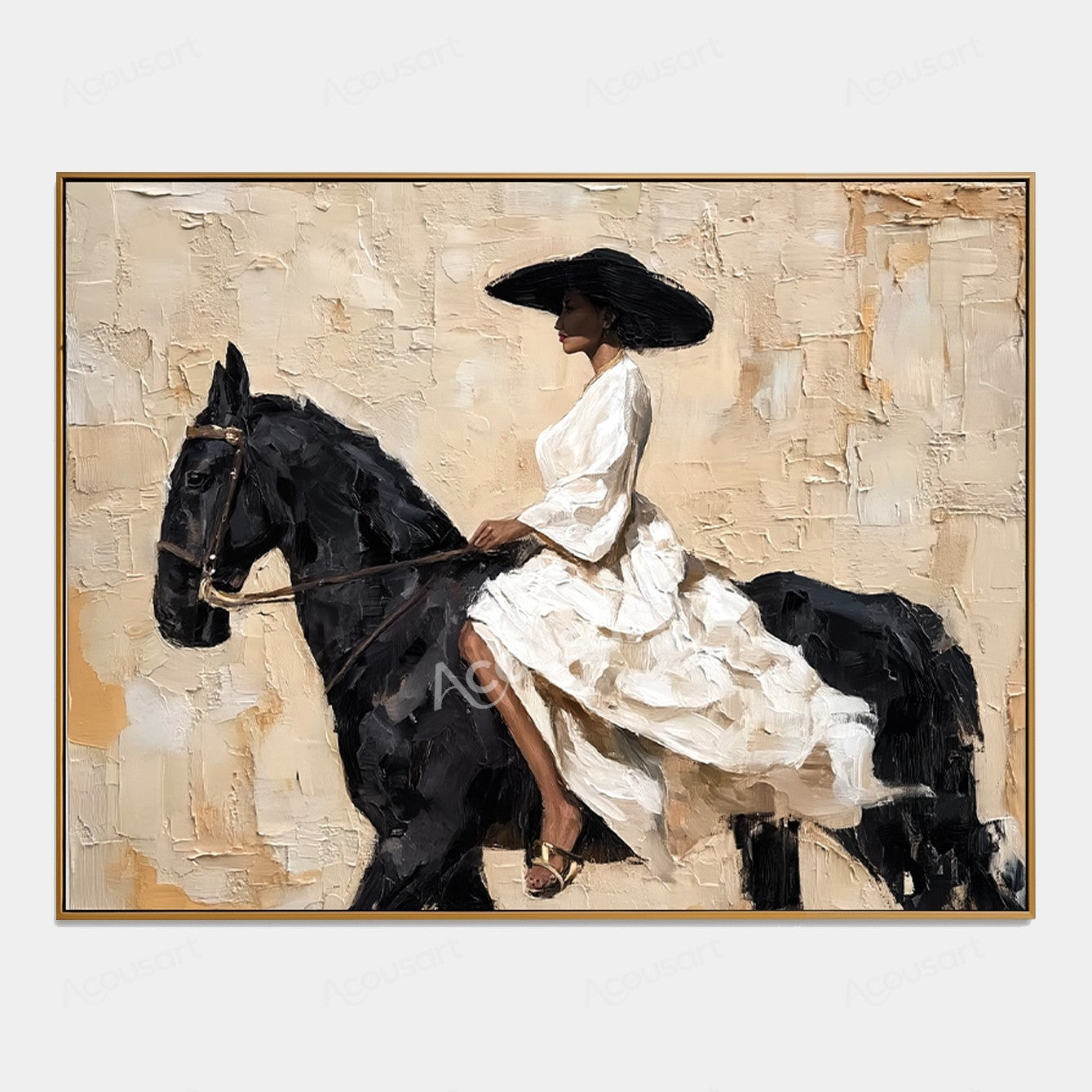 Elegant horse wall art featuring a woman in a flowing white dress and black hat riding a black horse on a textured beige background
