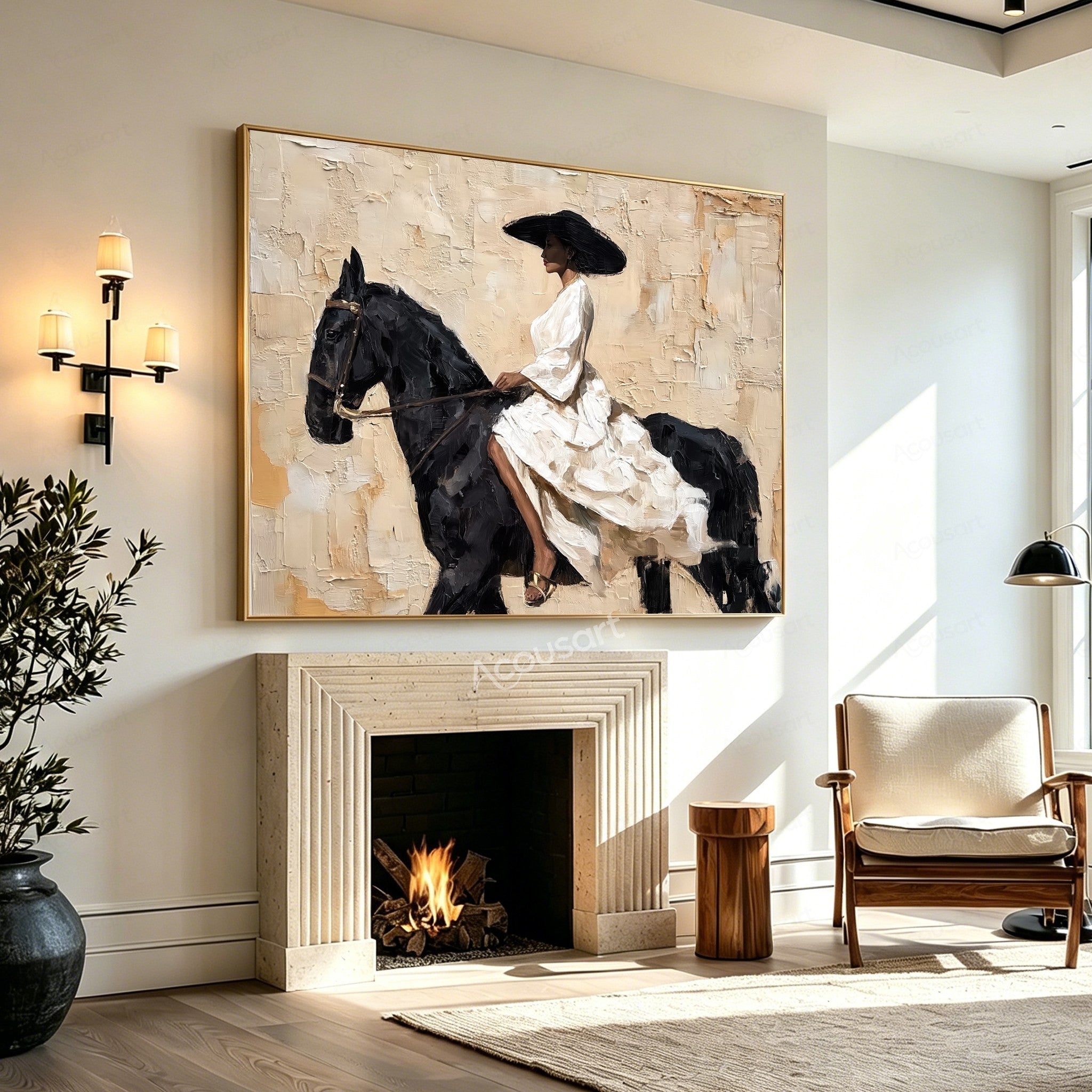 Elegant horse wall art featuring a woman in a flowing white dress and black hat riding a black horse on a textured beige background
