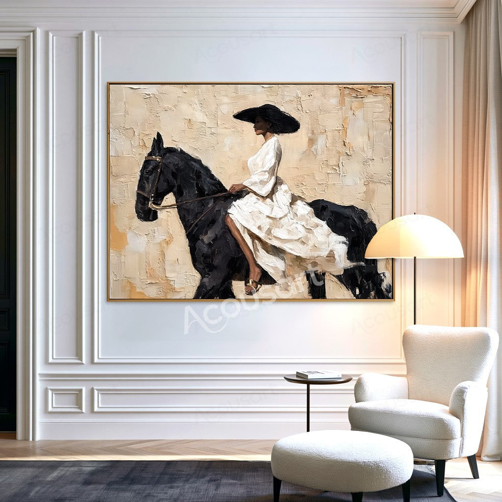 Elegant horse wall art featuring a woman in a flowing white dress and black hat riding a black horse on a textured beige background