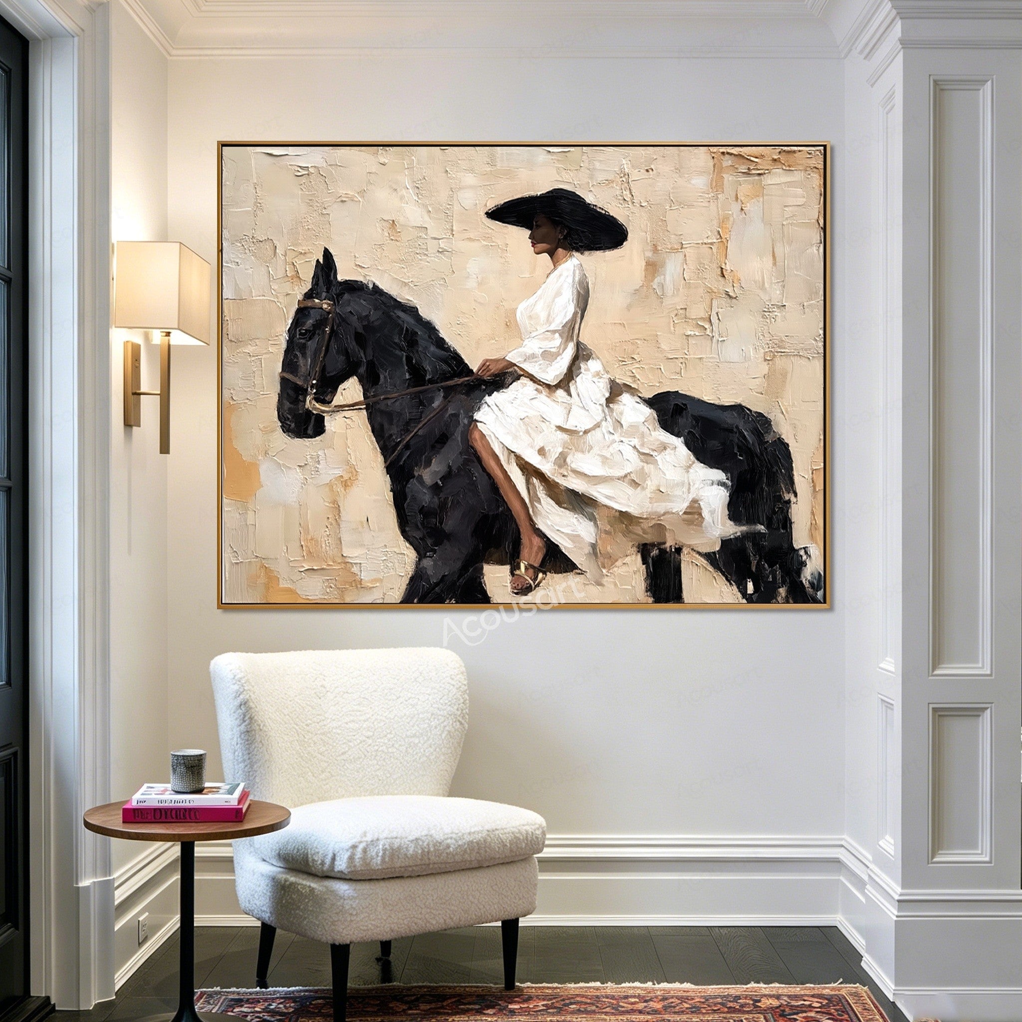 Elegant horse wall art featuring a woman in a flowing white dress and black hat riding a black horse on a textured beige background