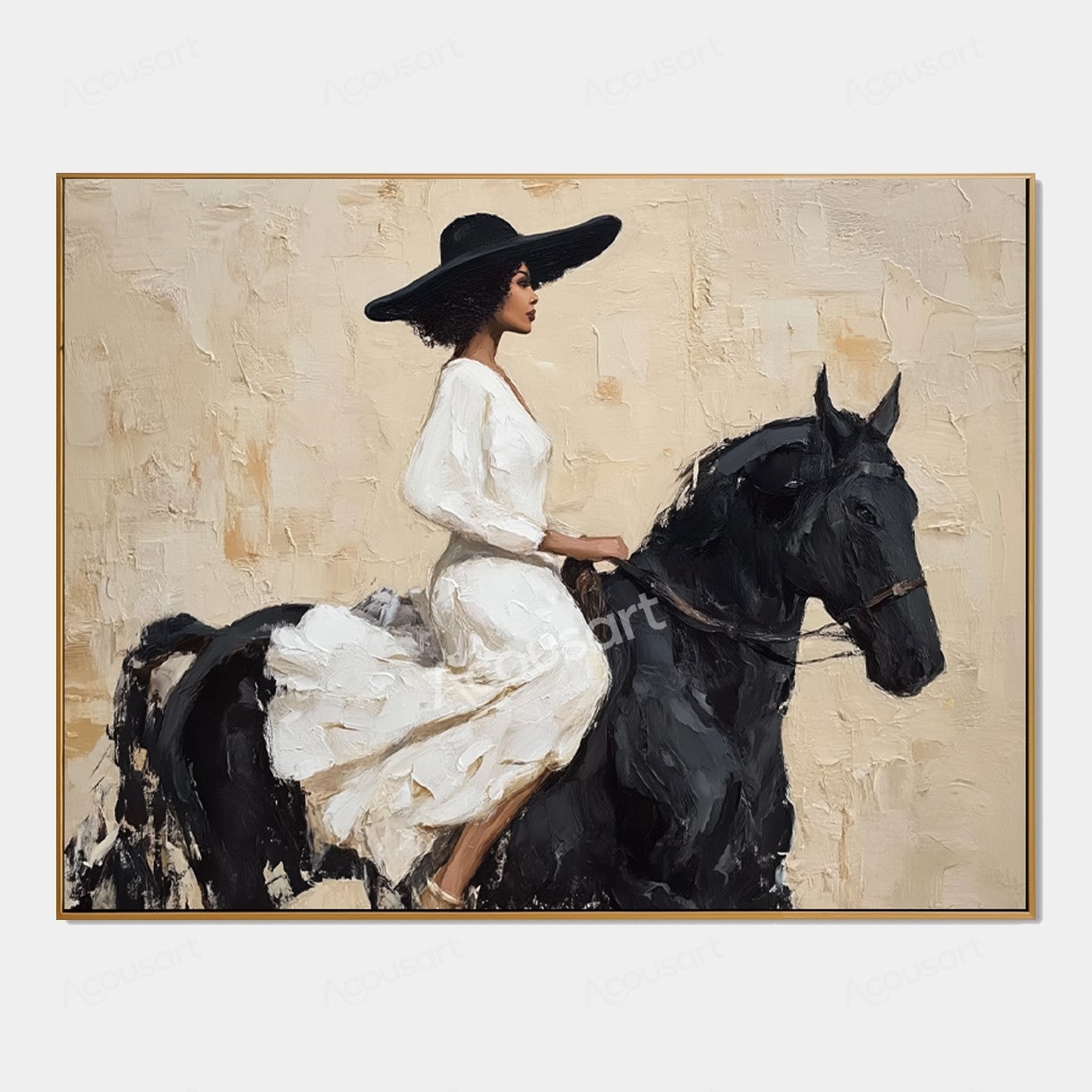 Elegant equestrian wall art featuring a woman in a white dress and black hat riding a black horse on a textured beige background
