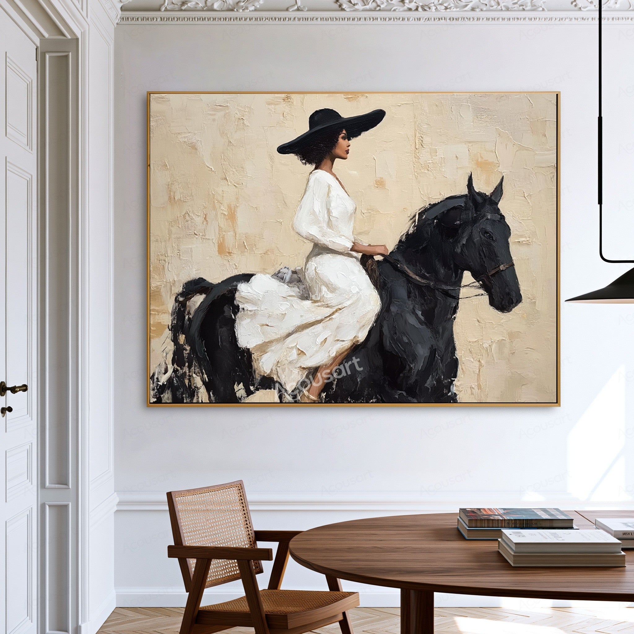 Elegant equestrian wall art featuring a woman in a white dress and black hat riding a black horse on a textured beige background