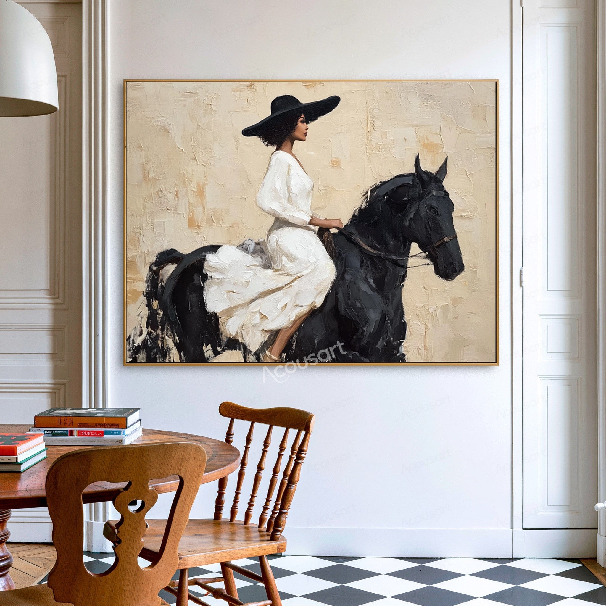 Elegant equestrian wall art featuring a woman in a white dress and black hat riding a black horse on a textured beige background