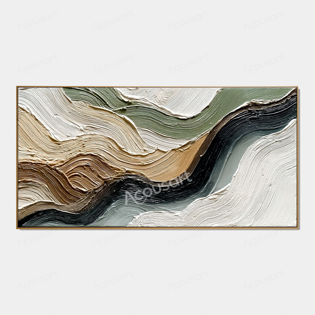 Neutral textured abstract landscape wall art with flowing cream, beige, sage green, brown, gray, and black impasto brushstrokes