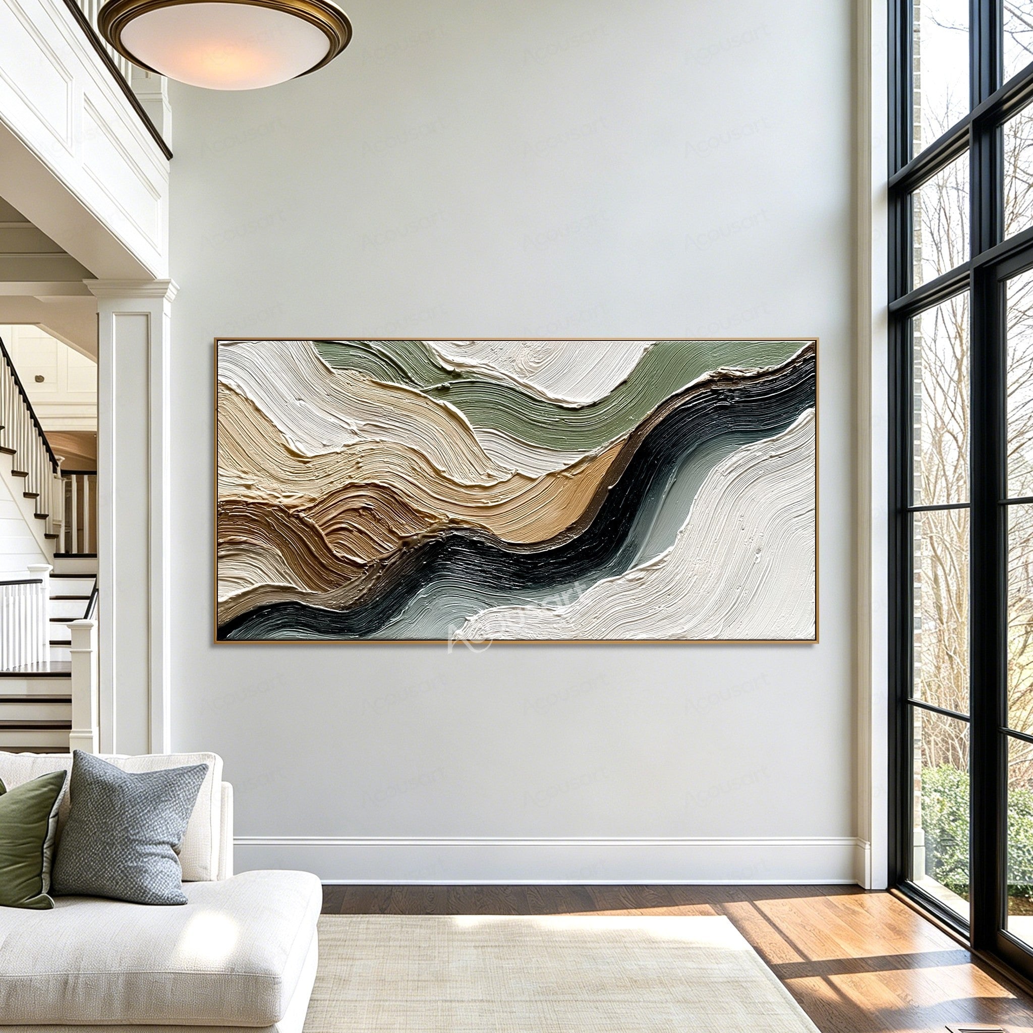 Neutral textured abstract landscape wall art with flowing cream, beige, sage green, brown, gray, and black impasto brushstrokes