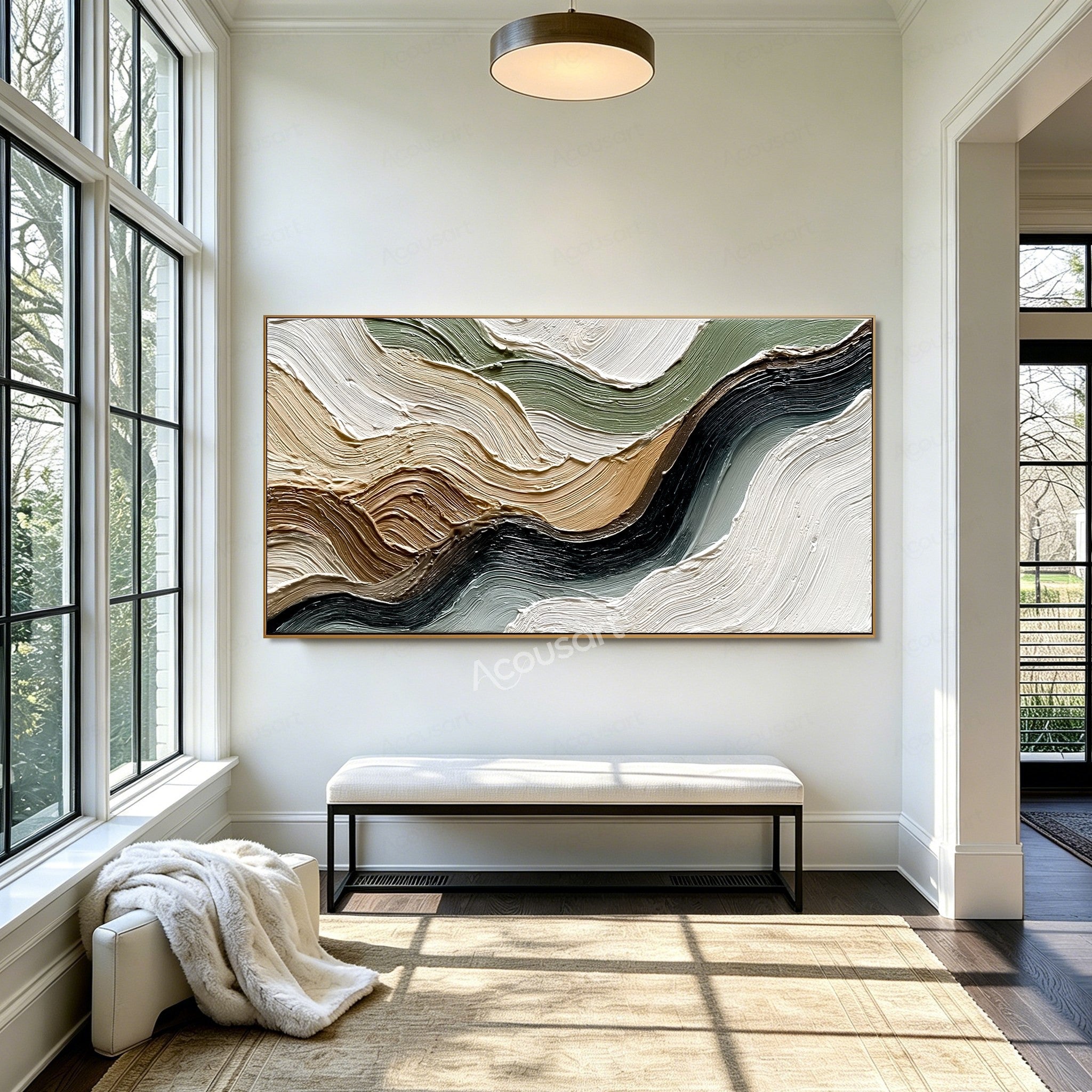 Neutral textured abstract landscape wall art with flowing cream, beige, sage green, brown, gray, and black impasto brushstrokes