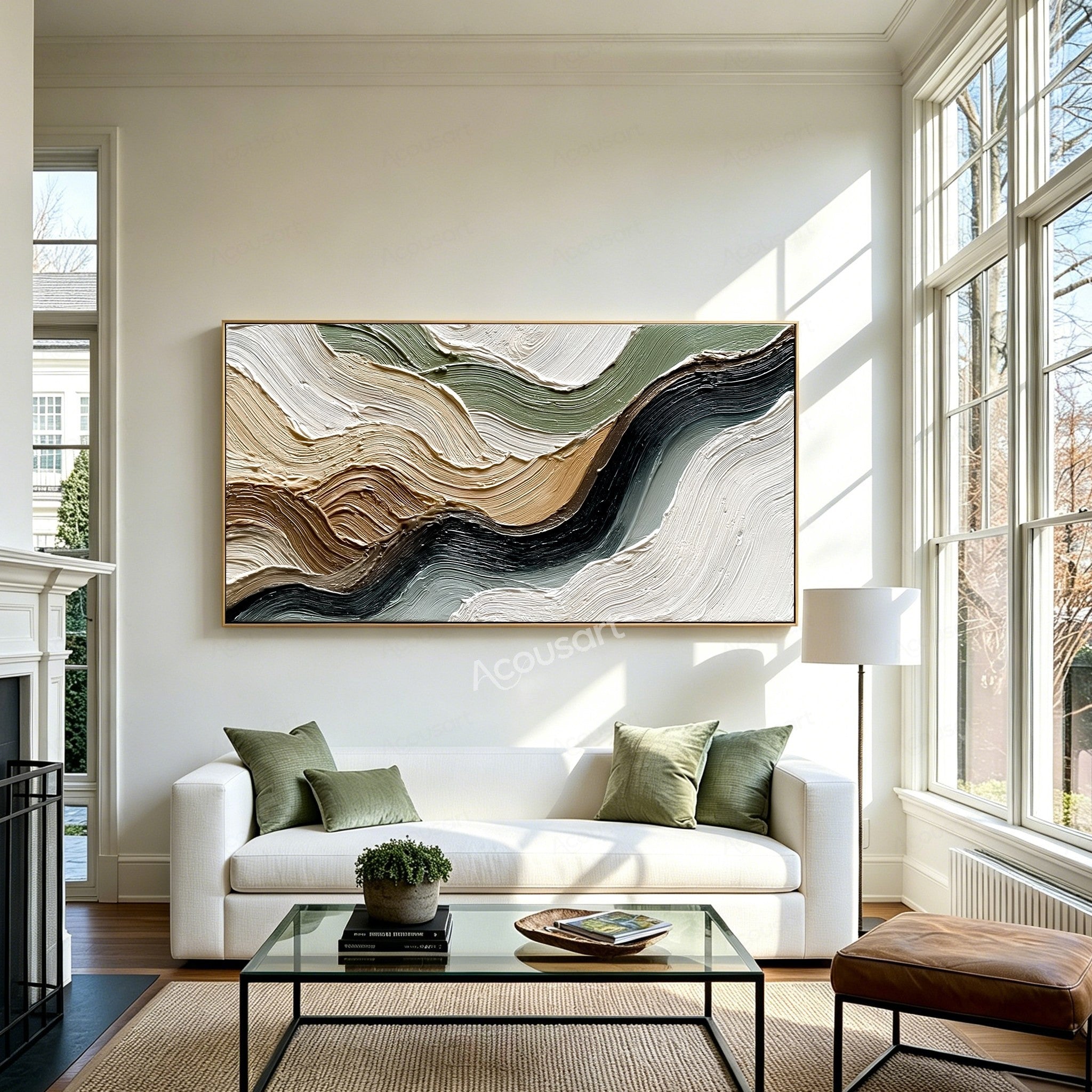 Neutral textured abstract landscape wall art with flowing cream, beige, sage green, brown, gray, and black impasto brushstrokes