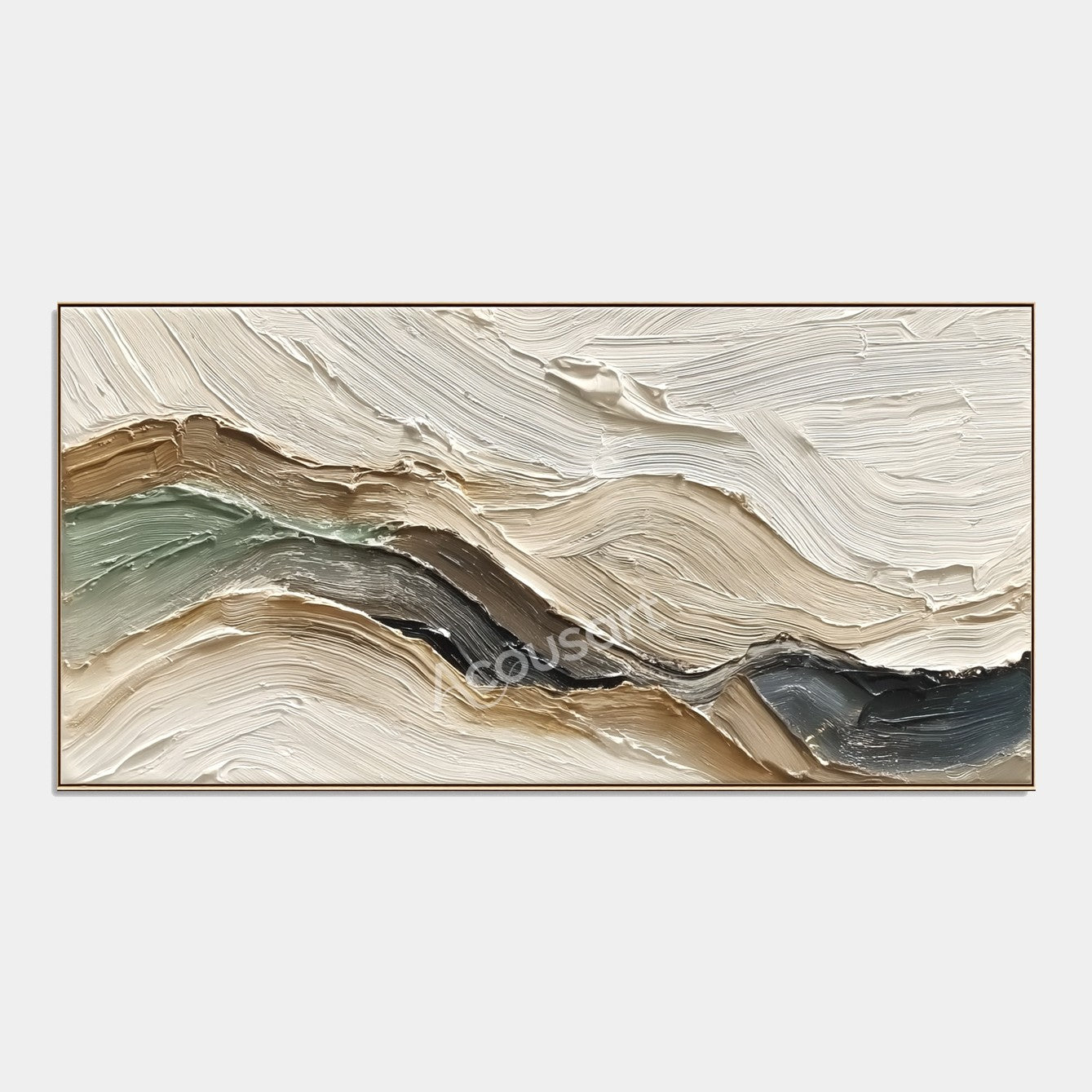 Neutral textured abstract landscape wall art with cream, sage green, beige, brown, and charcoal impasto brushstrokes
