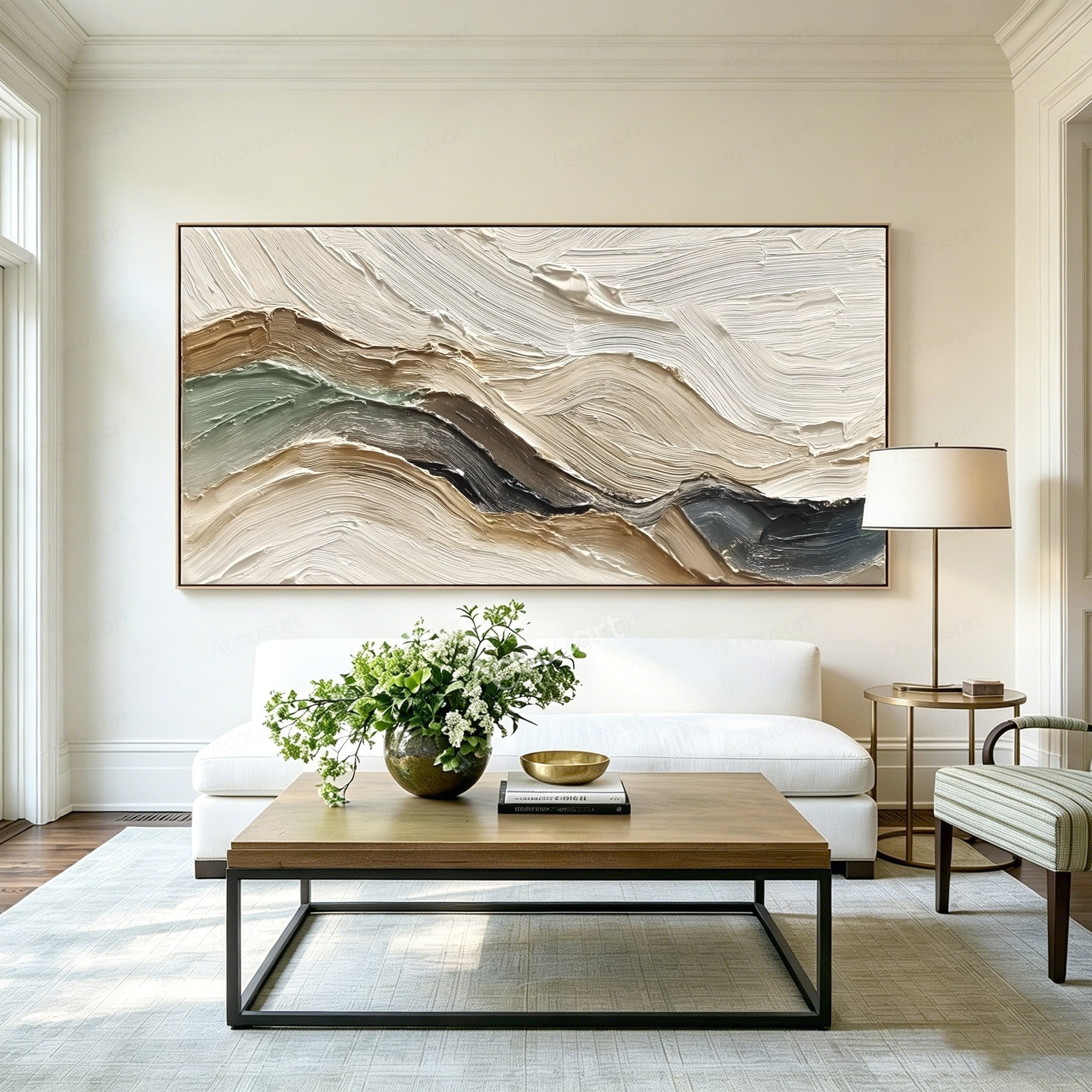 Neutral textured abstract landscape wall art with cream, sage green, beige, brown, and charcoal impasto brushstrokes