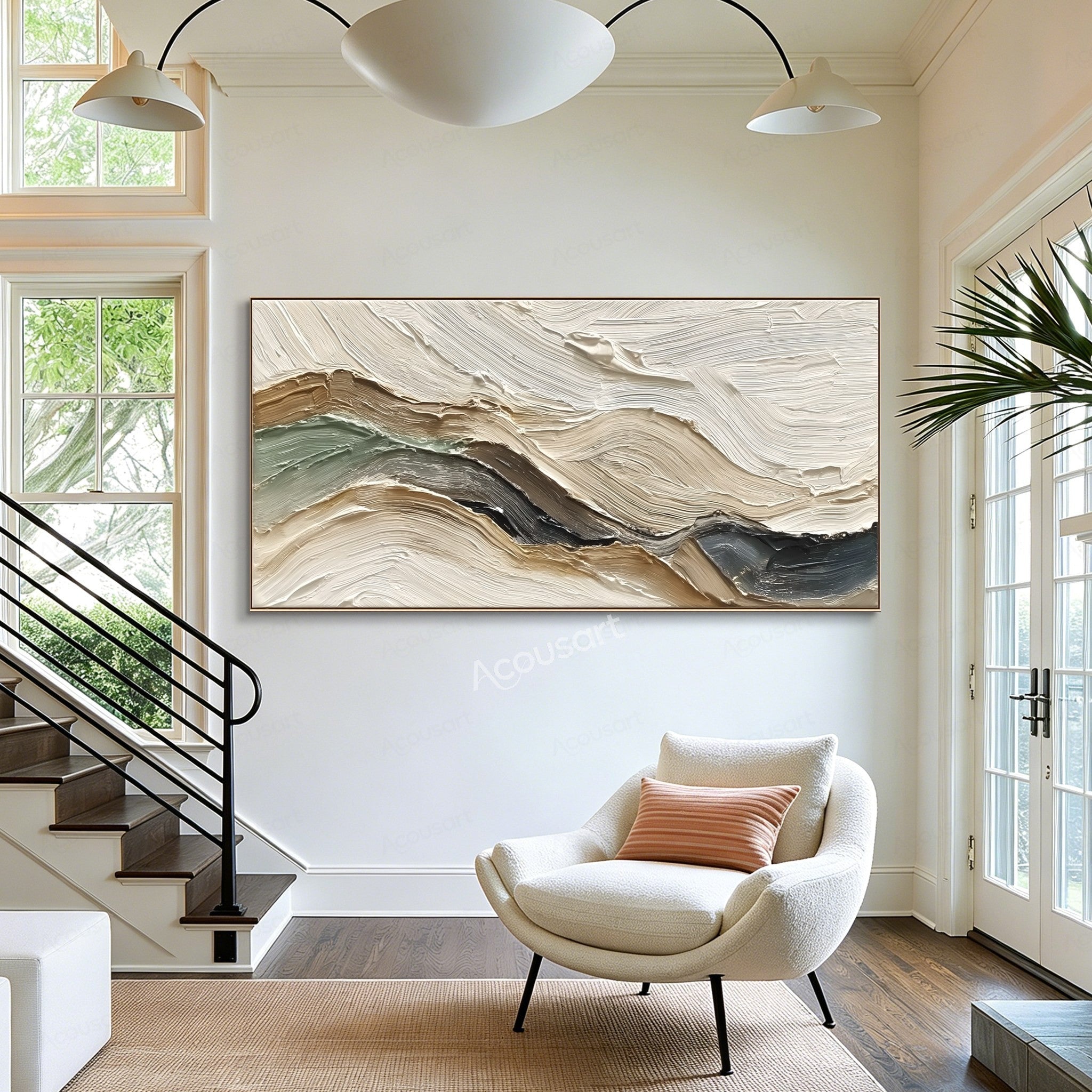Neutral textured abstract landscape wall art with cream, sage green, beige, brown, and charcoal impasto brushstrokes
