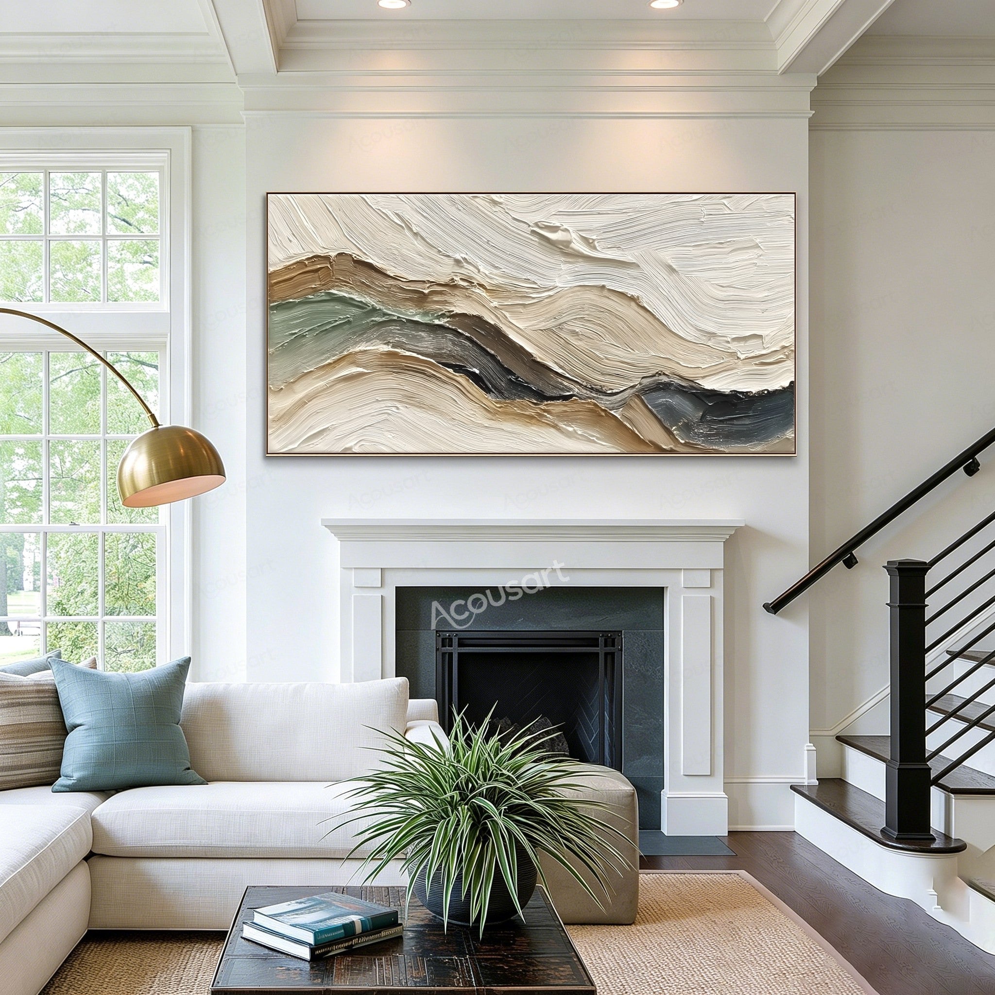 Neutral textured abstract landscape wall art with cream, sage green, beige, brown, and charcoal impasto brushstrokes