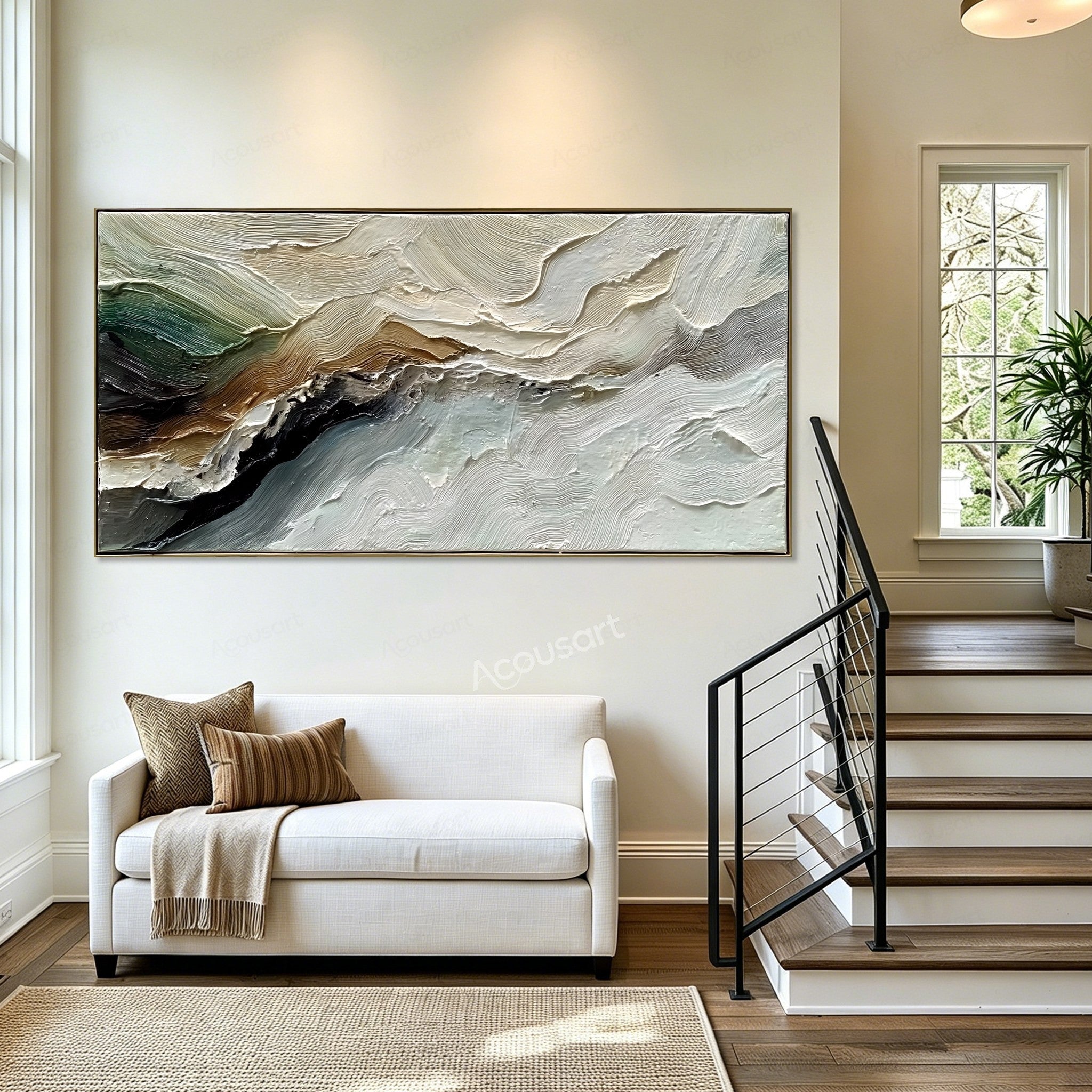 Neutral textured abstract landscape wall art with flowing cream, sage green, brown, gray, and black impasto brushstrokes
