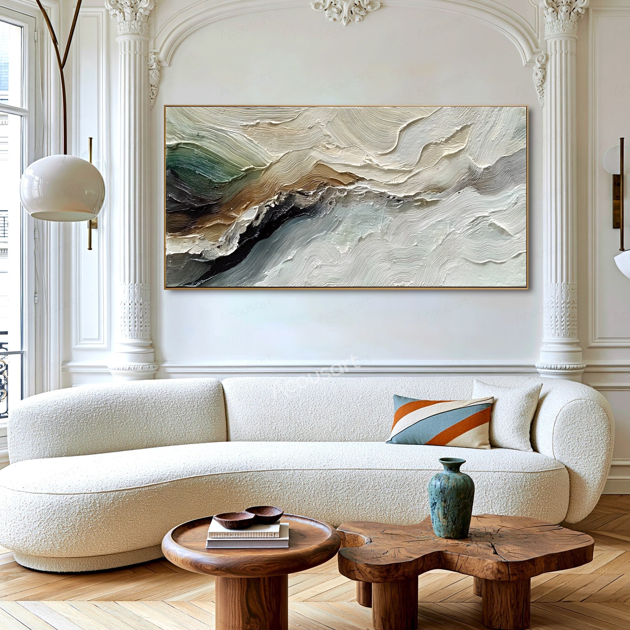 Neutral textured abstract landscape wall art with flowing cream, sage green, brown, gray, and black impasto brushstrokes