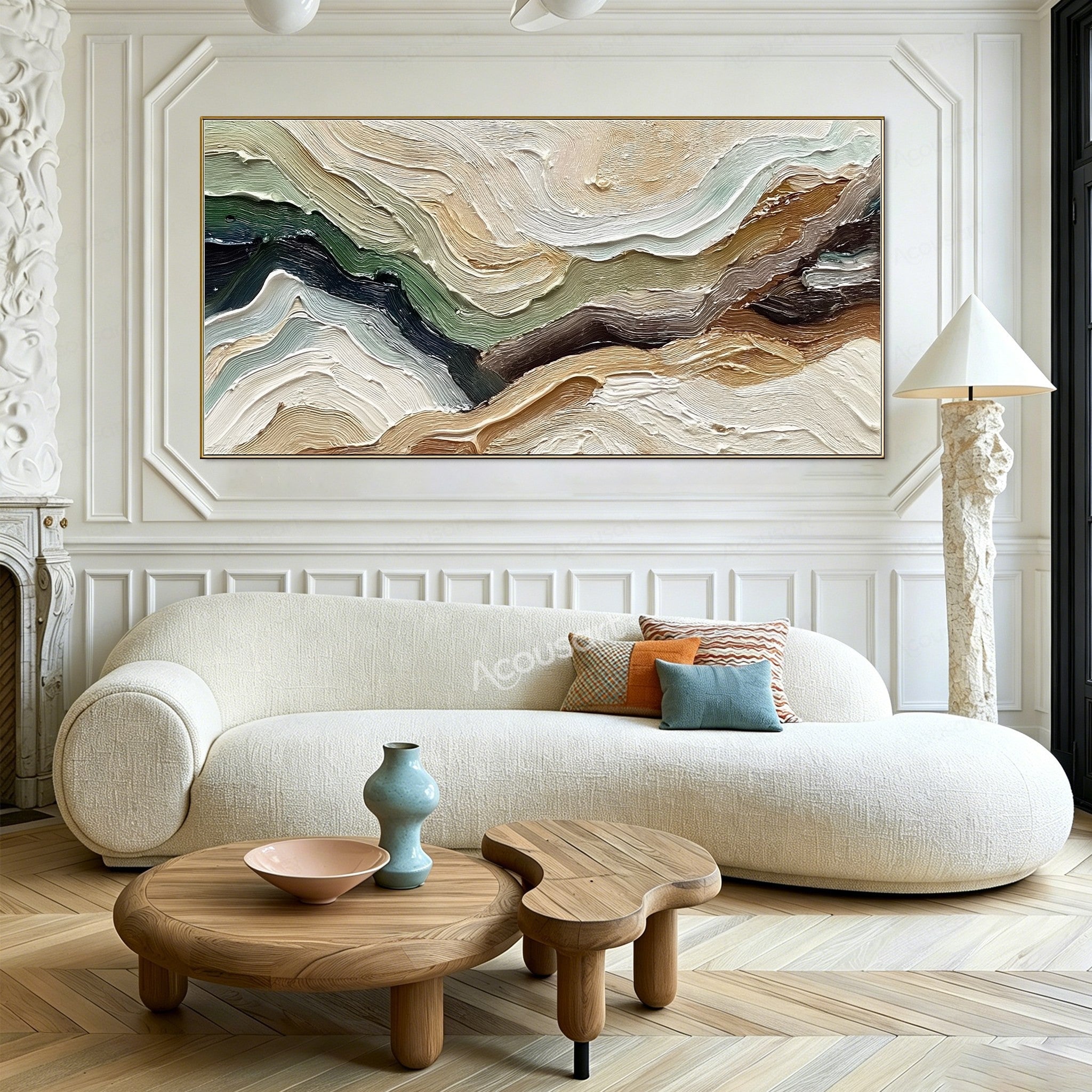 Neutral green textured abstract landscape wall art with flowing cream, brown, sage, forest green, and black impasto brushstrokes