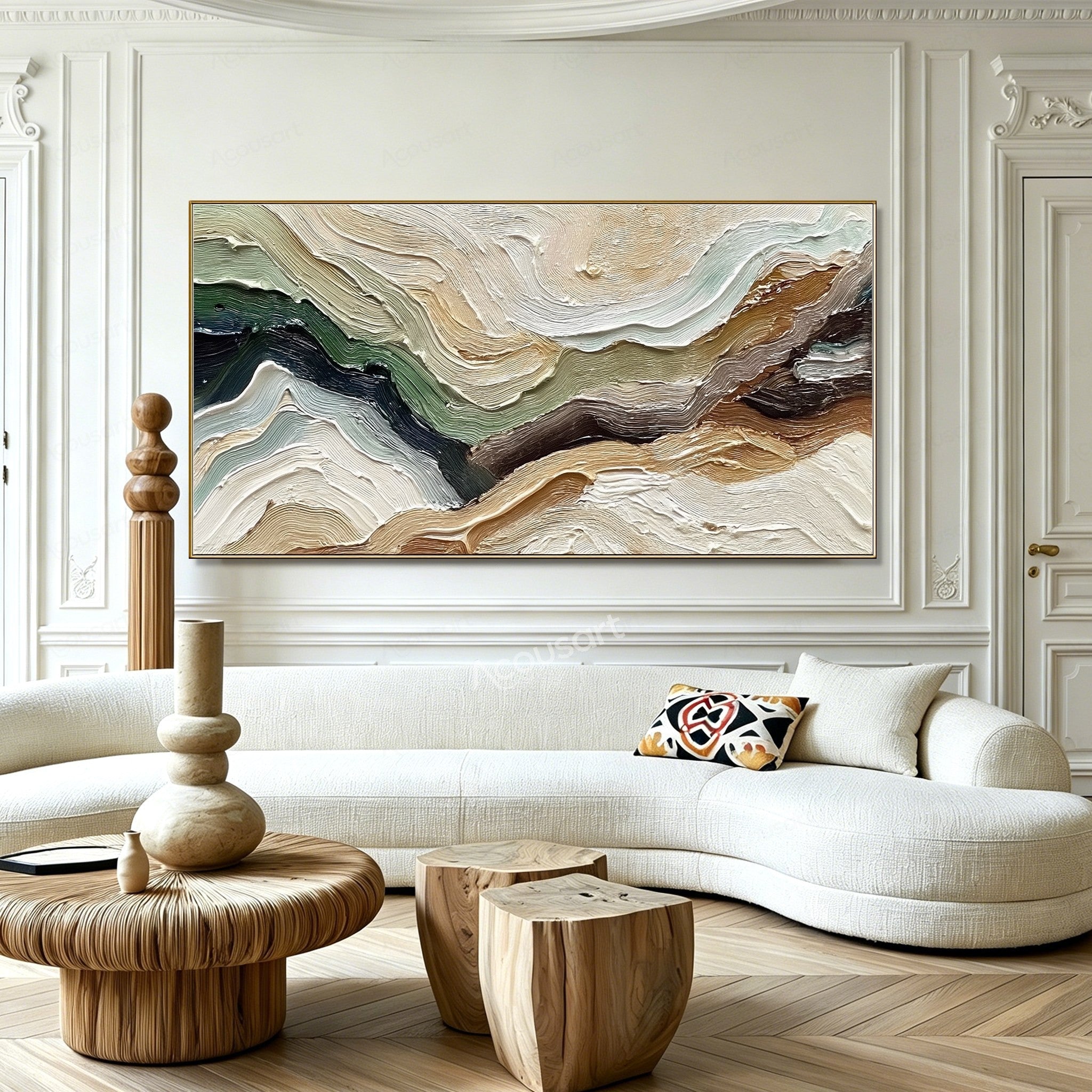 Neutral green textured abstract landscape wall art with flowing cream, brown, sage, forest green, and black impasto brushstrokes