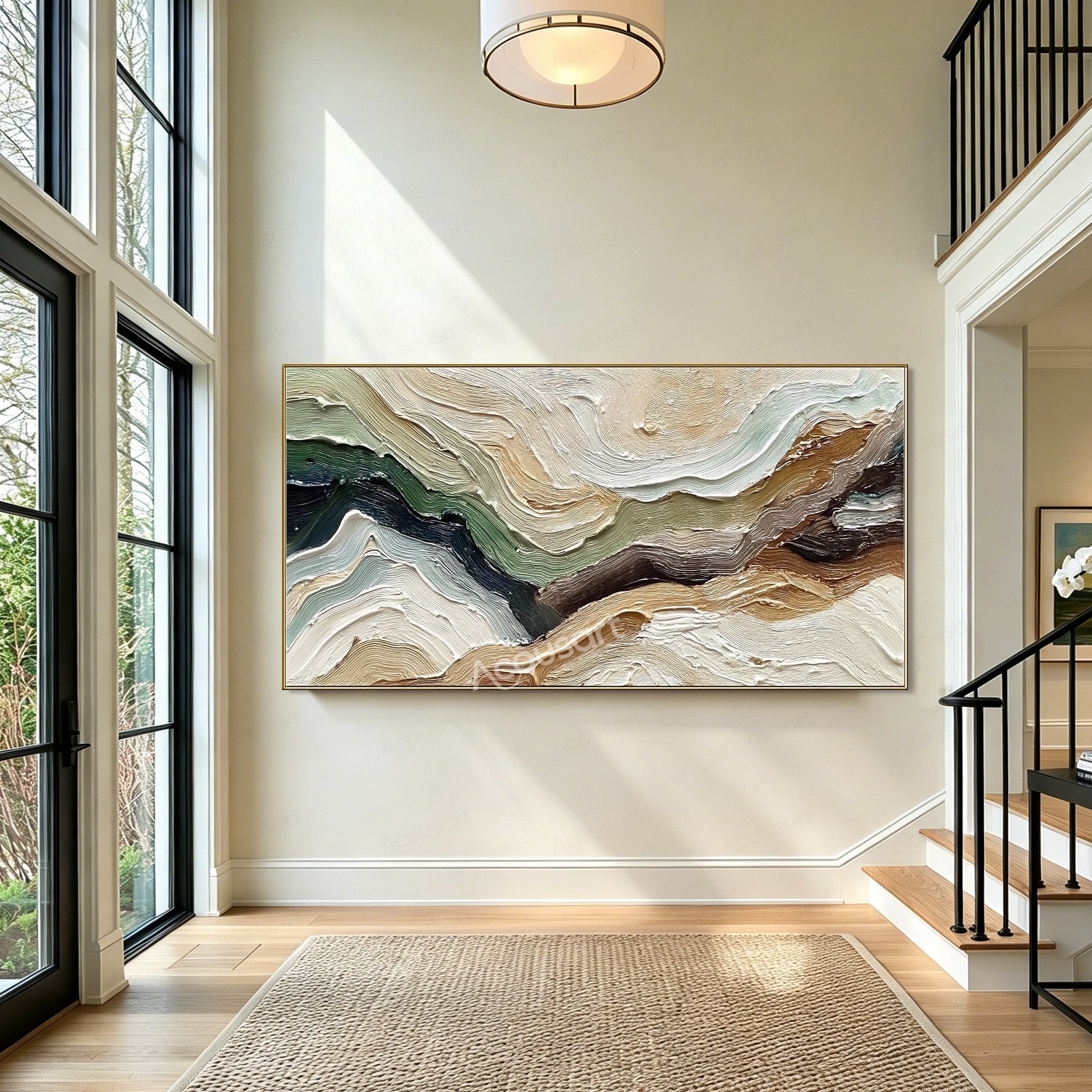 Neutral green textured abstract landscape wall art with flowing cream, brown, sage, forest green, and black impasto brushstrokes