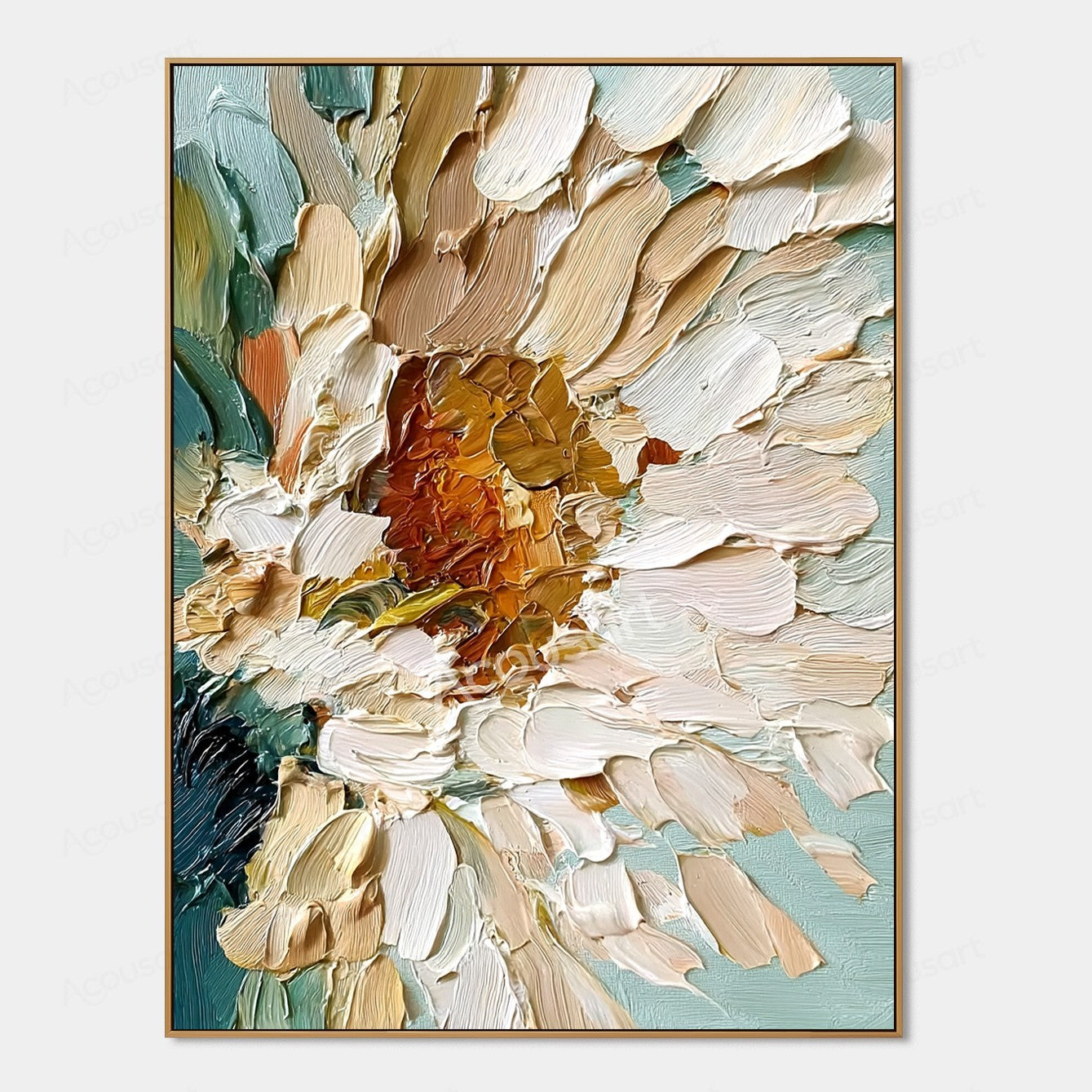 White floral textured wall art with cream petals, golden center, teal green leaves, and thick raised brushstrokes