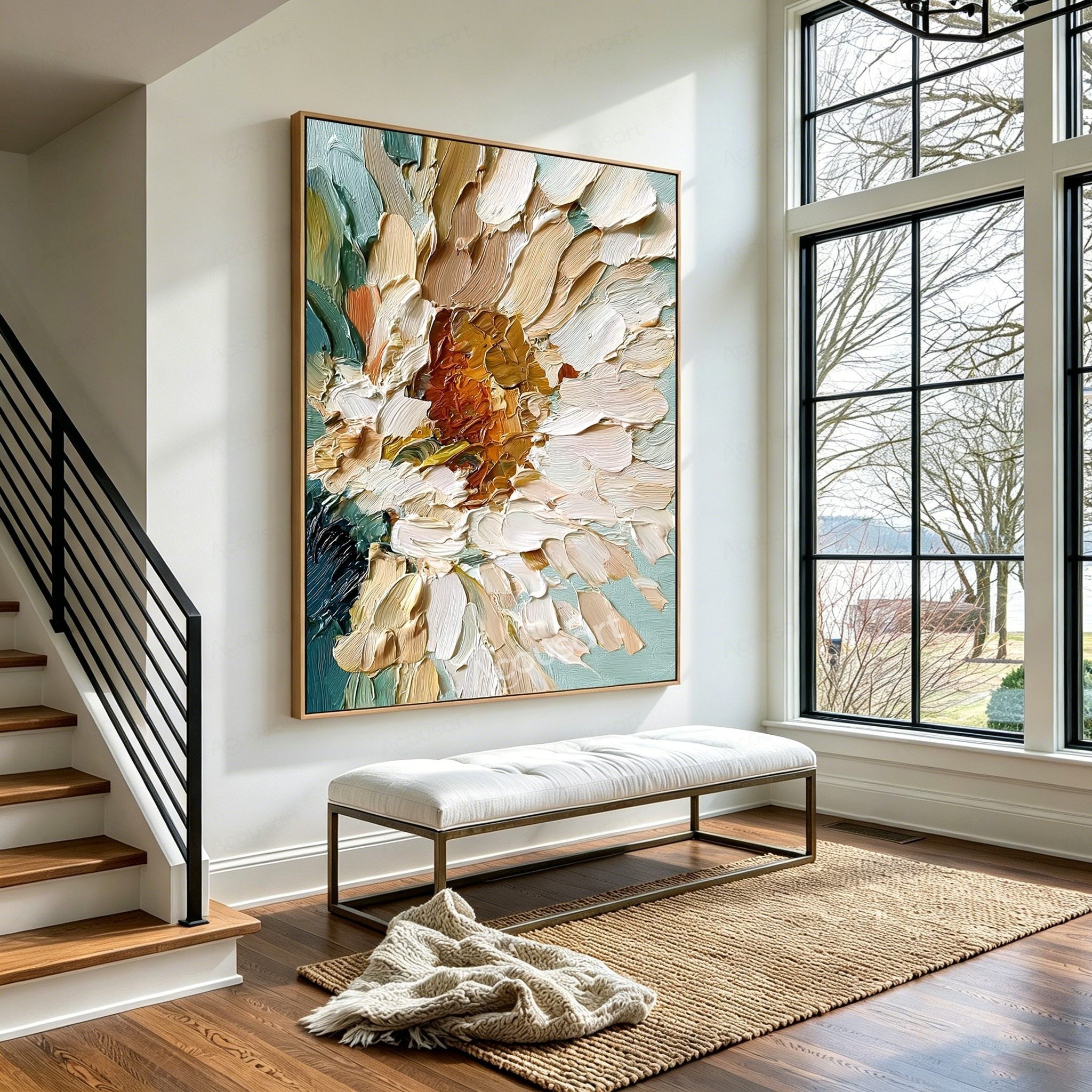White floral textured wall art with cream petals, golden center, teal green leaves, and thick raised brushstrokes