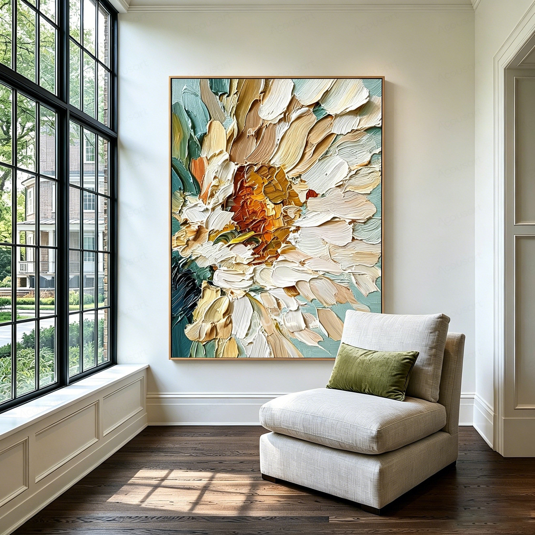 White floral textured wall art with cream petals, golden center, teal green leaves, and thick raised brushstrokes