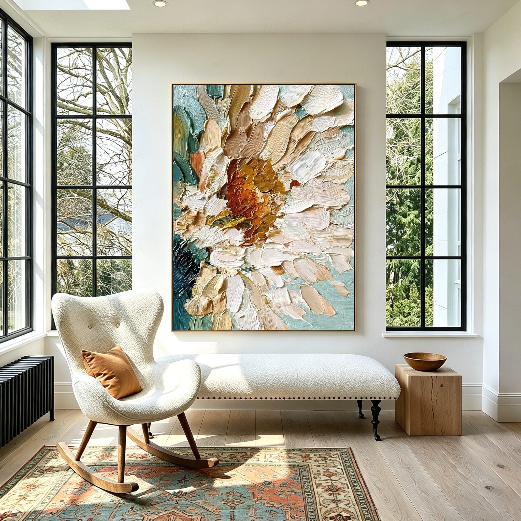 White floral textured wall art with cream petals, golden center, teal green leaves, and thick raised brushstrokes