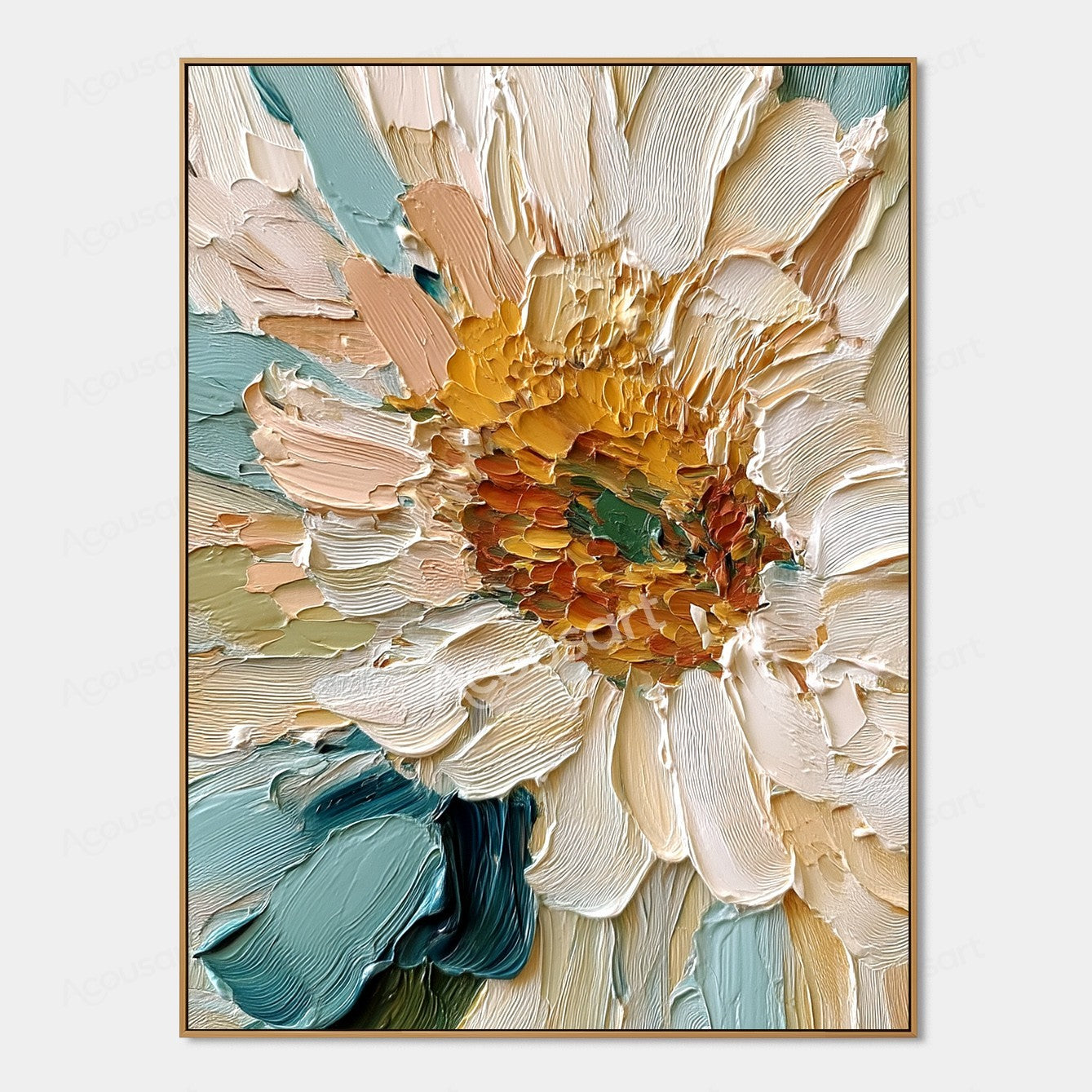 White and cream textured sunflower wall art with golden center, teal accents, and thick raised brushstrokes