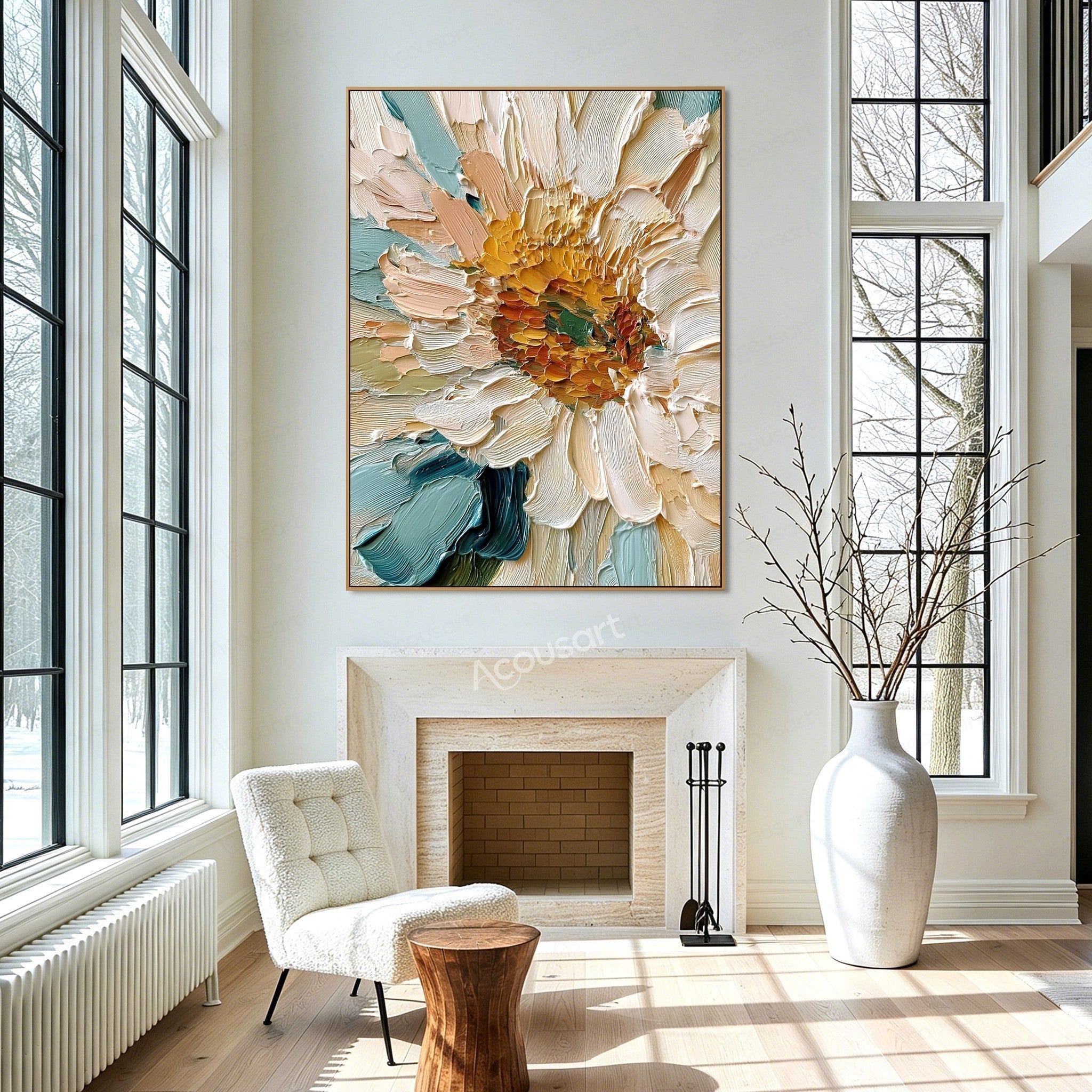 White and cream textured sunflower wall art with golden center, teal accents, and thick raised brushstrokes