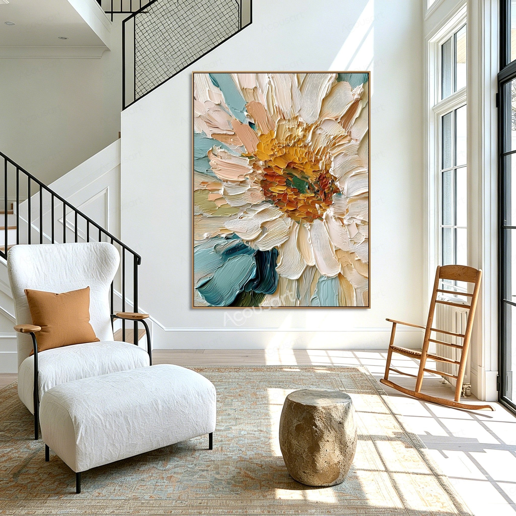 White and cream textured sunflower wall art with golden center, teal accents, and thick raised brushstrokes