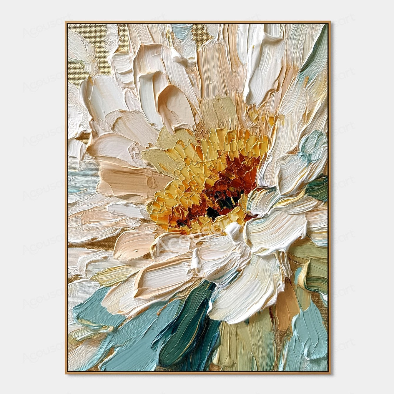 White and gold textured floral wall art with cream petals, golden flower center, teal blue leaves, and thick raised brushstrokes