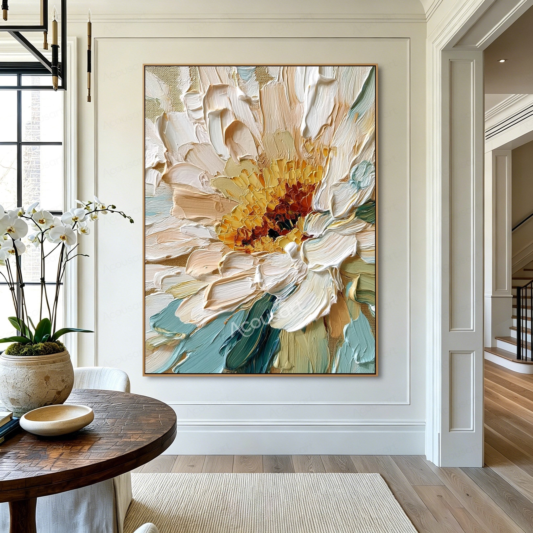 White and gold textured floral wall art with cream petals, golden flower center, teal blue leaves, and thick raised brushstrokes