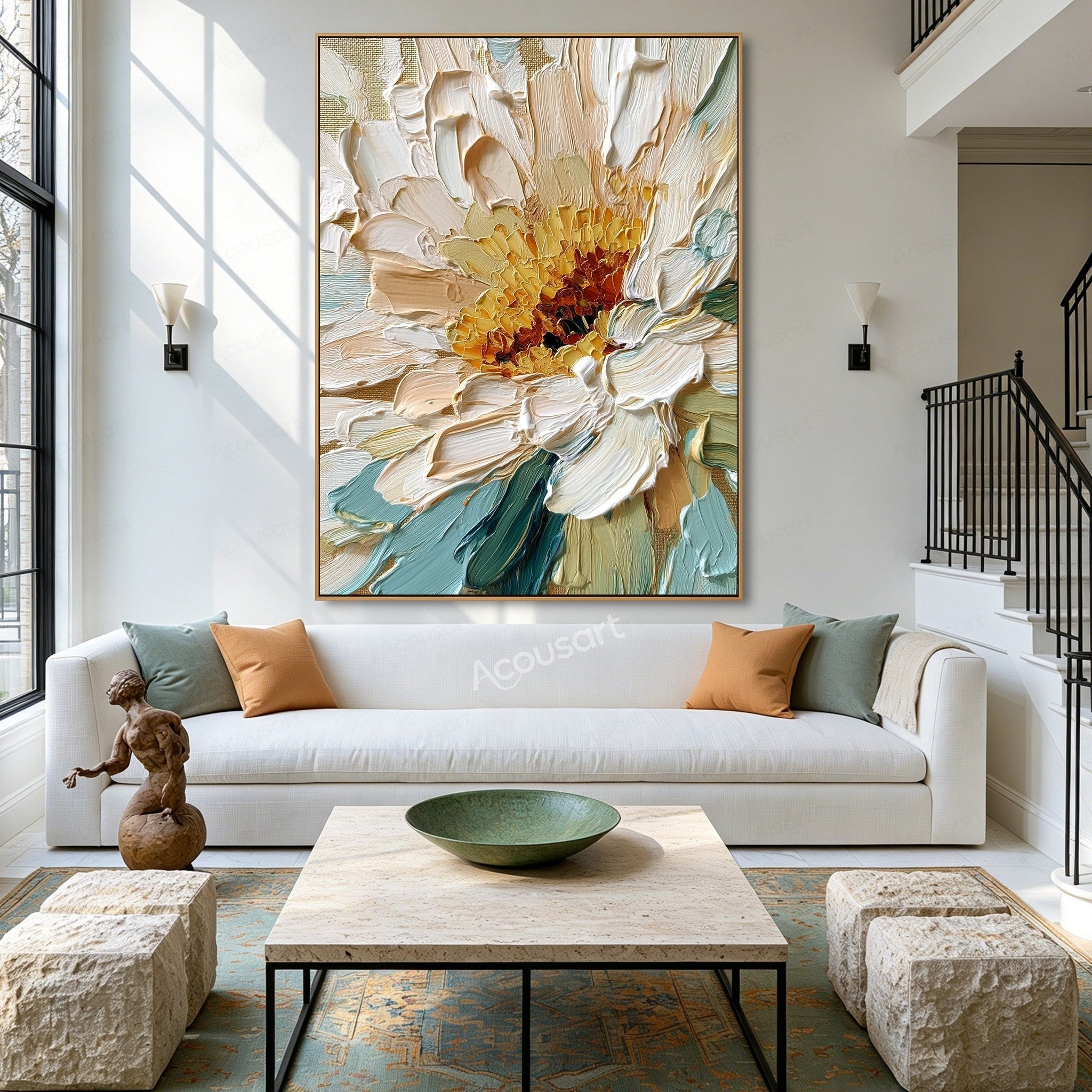 White and gold textured floral wall art with cream petals, golden flower center, teal blue leaves, and thick raised brushstrokes