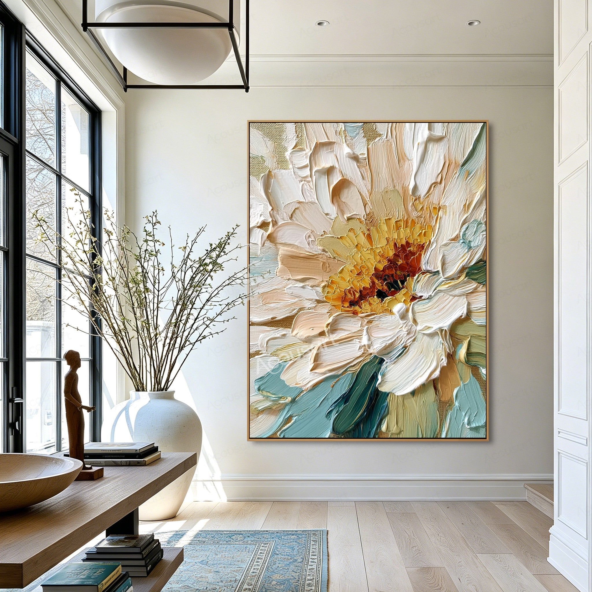 White and gold textured floral wall art with cream petals, golden flower center, teal blue leaves, and thick raised brushstrokes