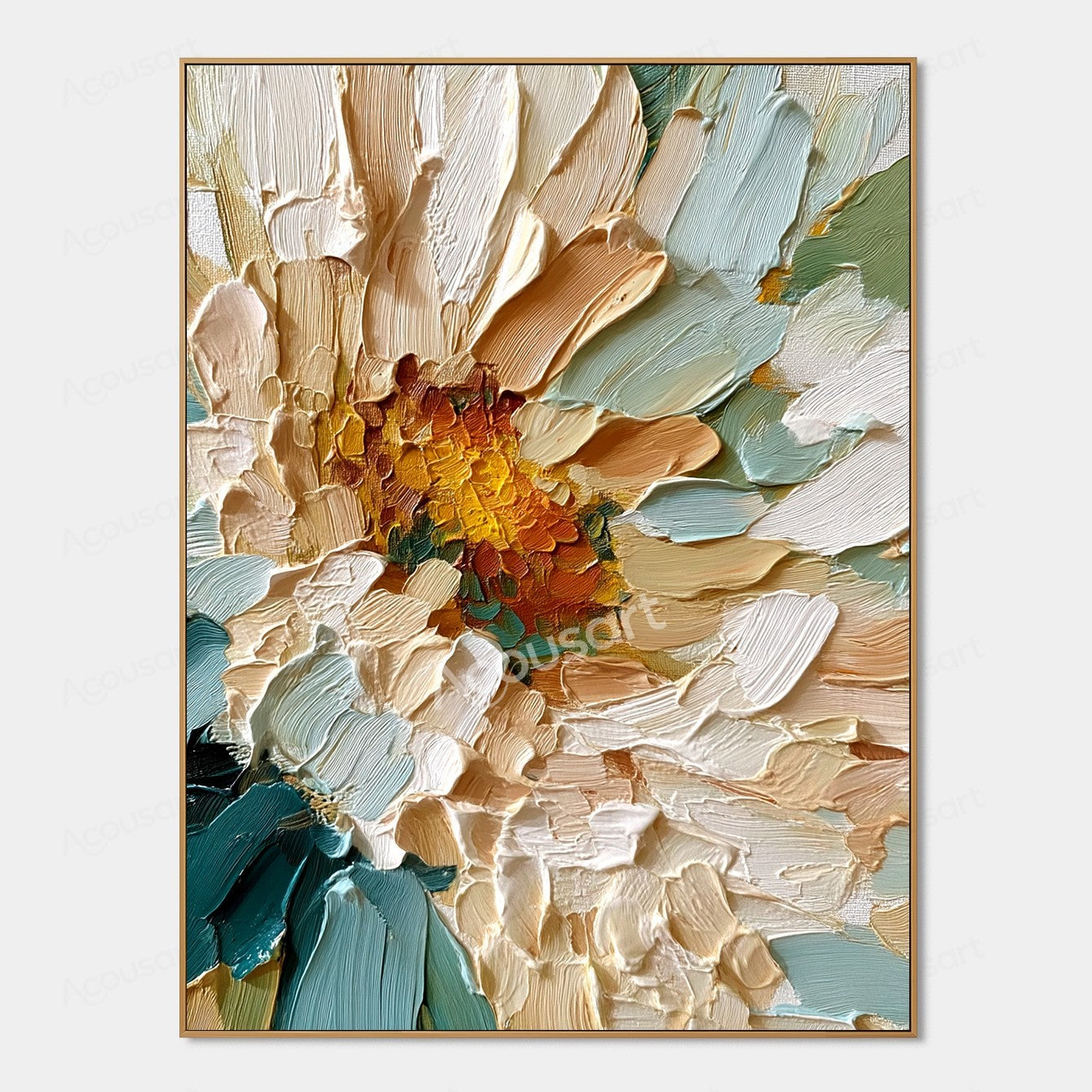 Teal and gold textured floral wall art with cream petals, golden flower center, and thick raised brushstrokes