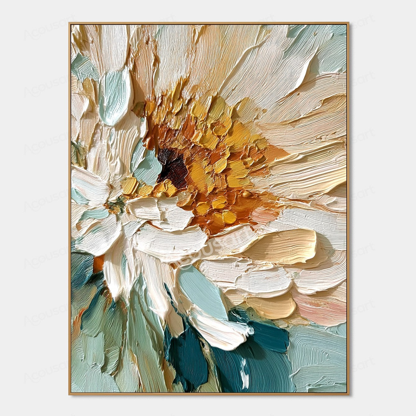 Teal and cream textured floral wall art with white petals, amber gold center, and thick raised brushstrokes