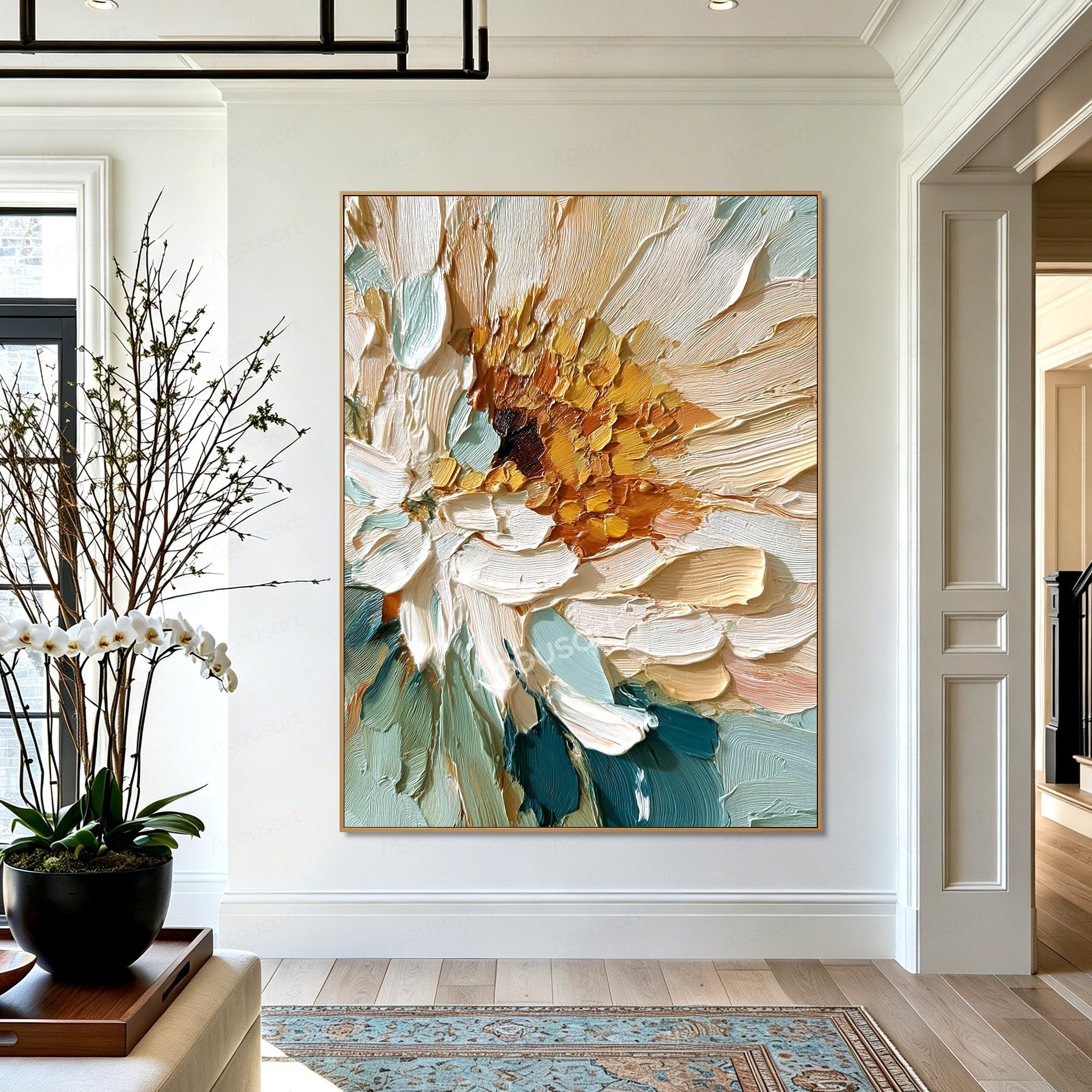 Teal and cream textured floral wall art with white petals, amber gold center, and thick raised brushstrokes