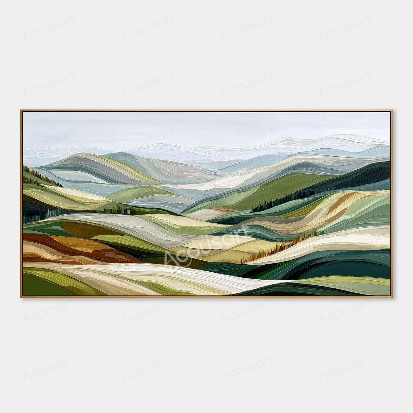 Textured abstract landscape wall art with green rolling hills, distant blue-gray mountains, and small rows of trees