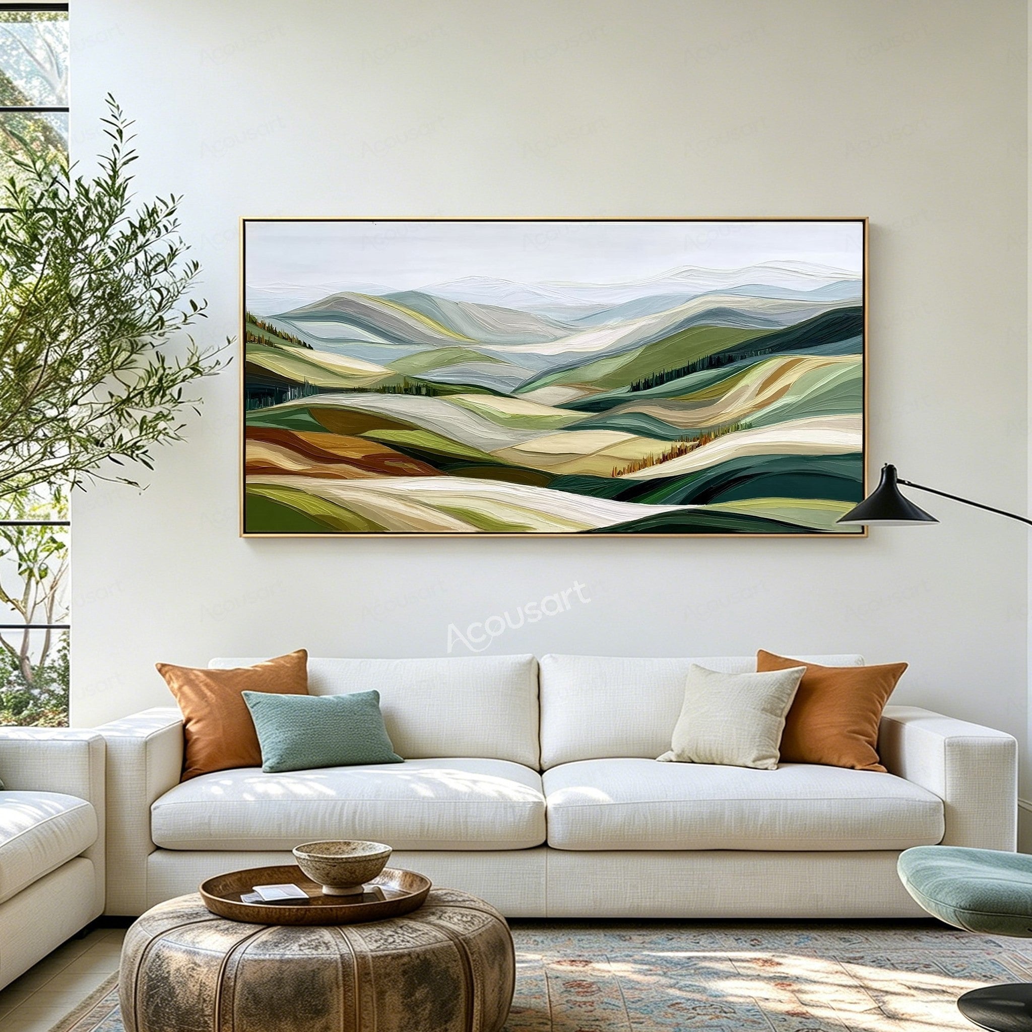 Textured abstract landscape wall art with green rolling hills, distant blue-gray mountains, and small rows of trees