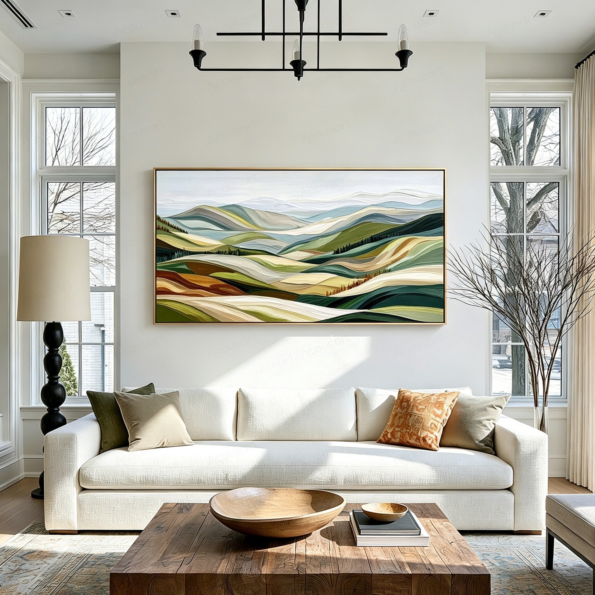 Textured abstract landscape wall art with green rolling hills, distant blue-gray mountains, and small rows of trees
