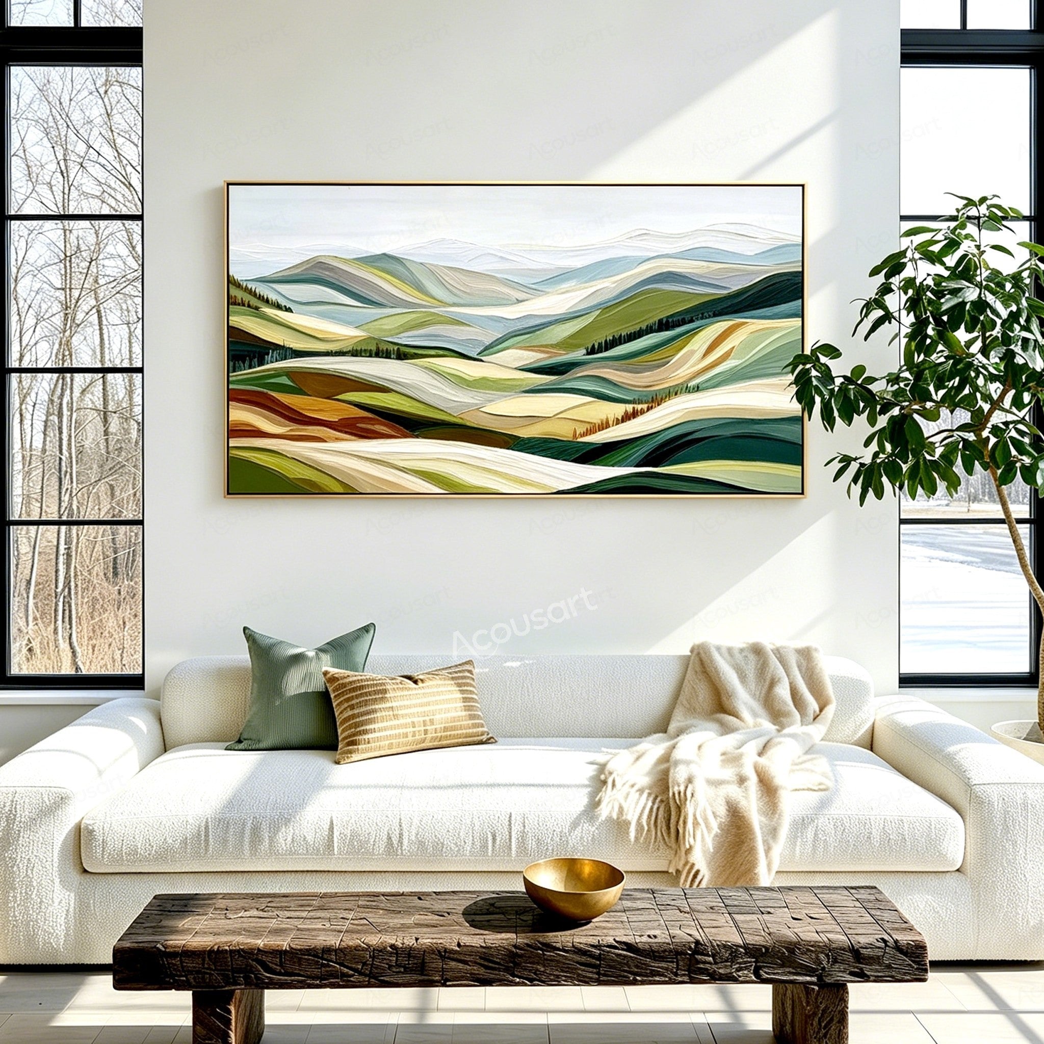 Textured abstract landscape wall art with green rolling hills, distant blue-gray mountains, and small rows of trees