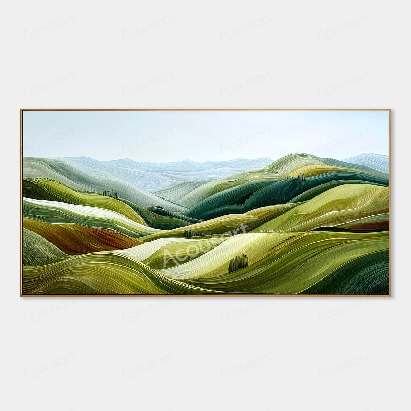 Green textured landscape wall art with rolling hills, pale blue mountains, and small groups of trees