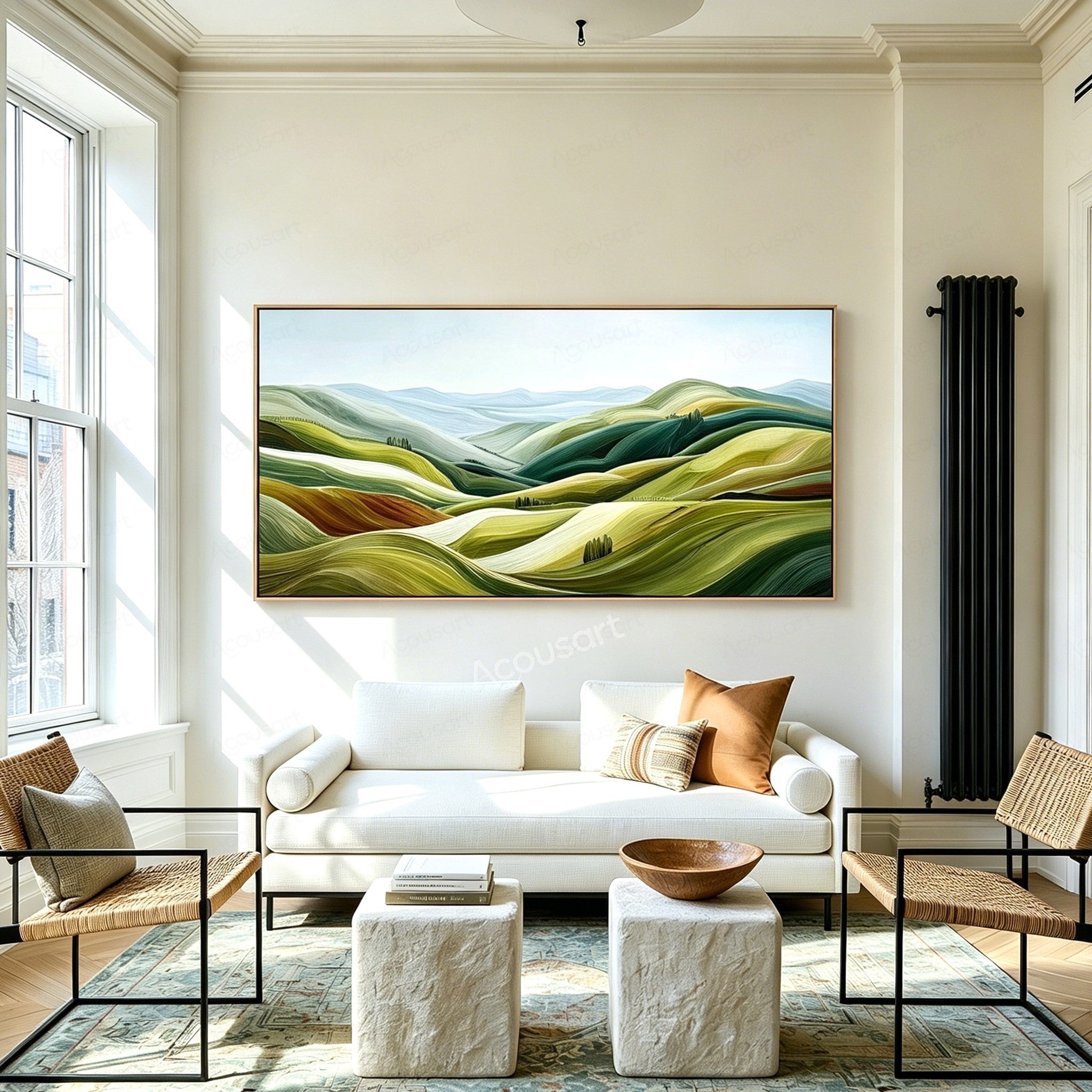 Green textured landscape wall art with rolling hills, pale blue mountains, and small groups of trees