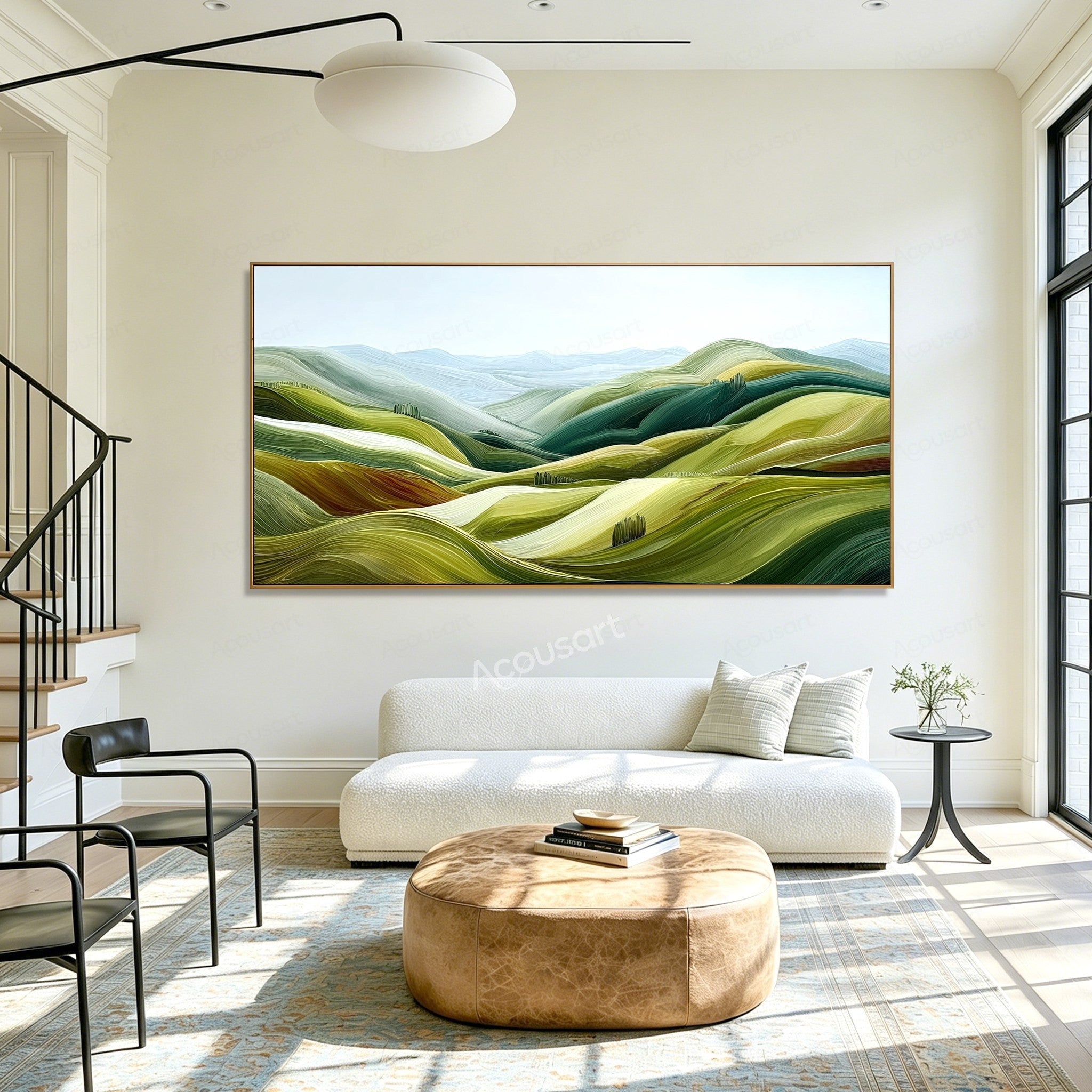 Green textured landscape wall art with rolling hills, pale blue mountains, and small groups of trees
